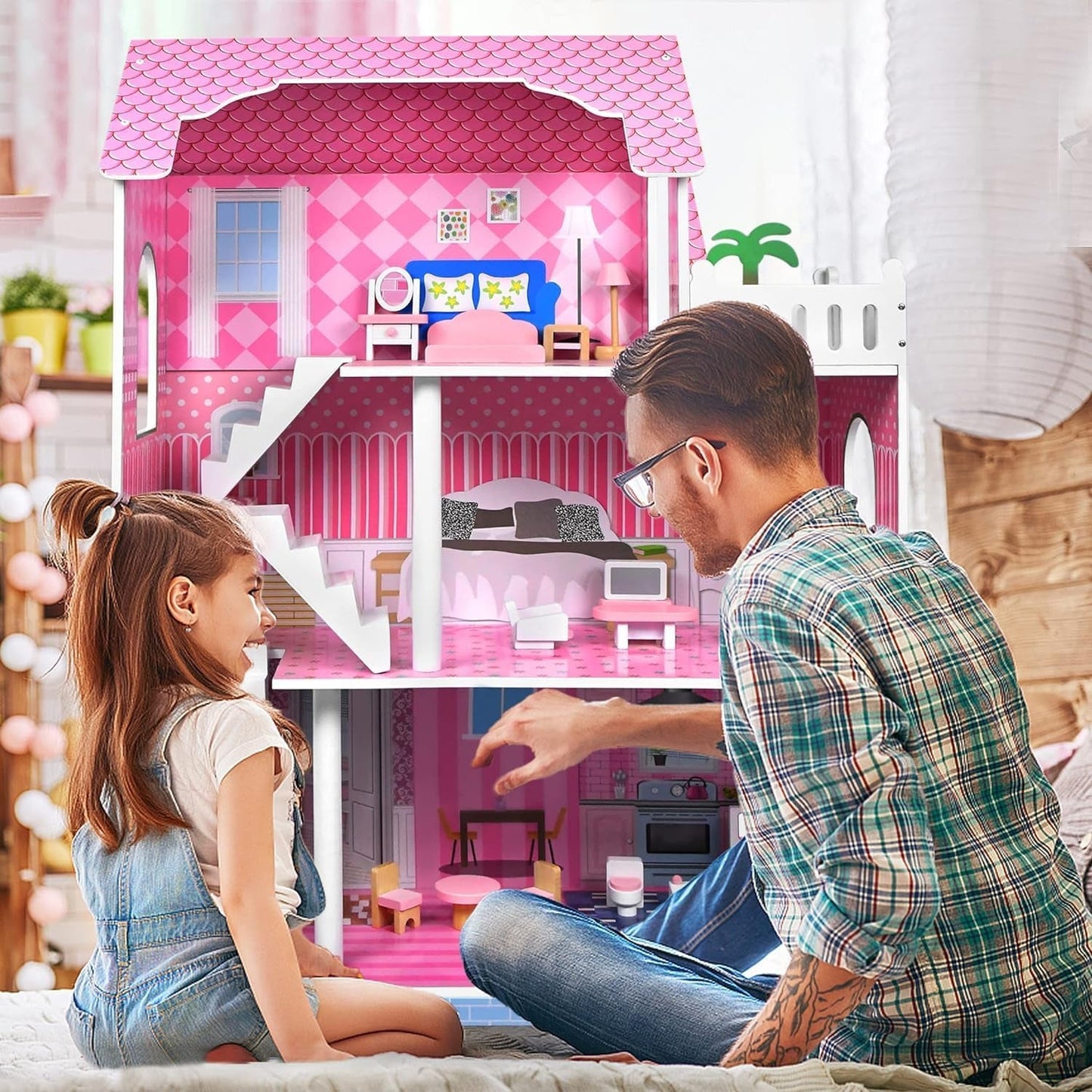 HENGMEI Puppenhaus Kinder Holz Puppenvilla Set domečku pro panenky Mädchen Spielset 3 Etagen Haus mit Möbeln und Zubehör, 70x30x100cm Puppenhäuser für Kinder (Typ B)
