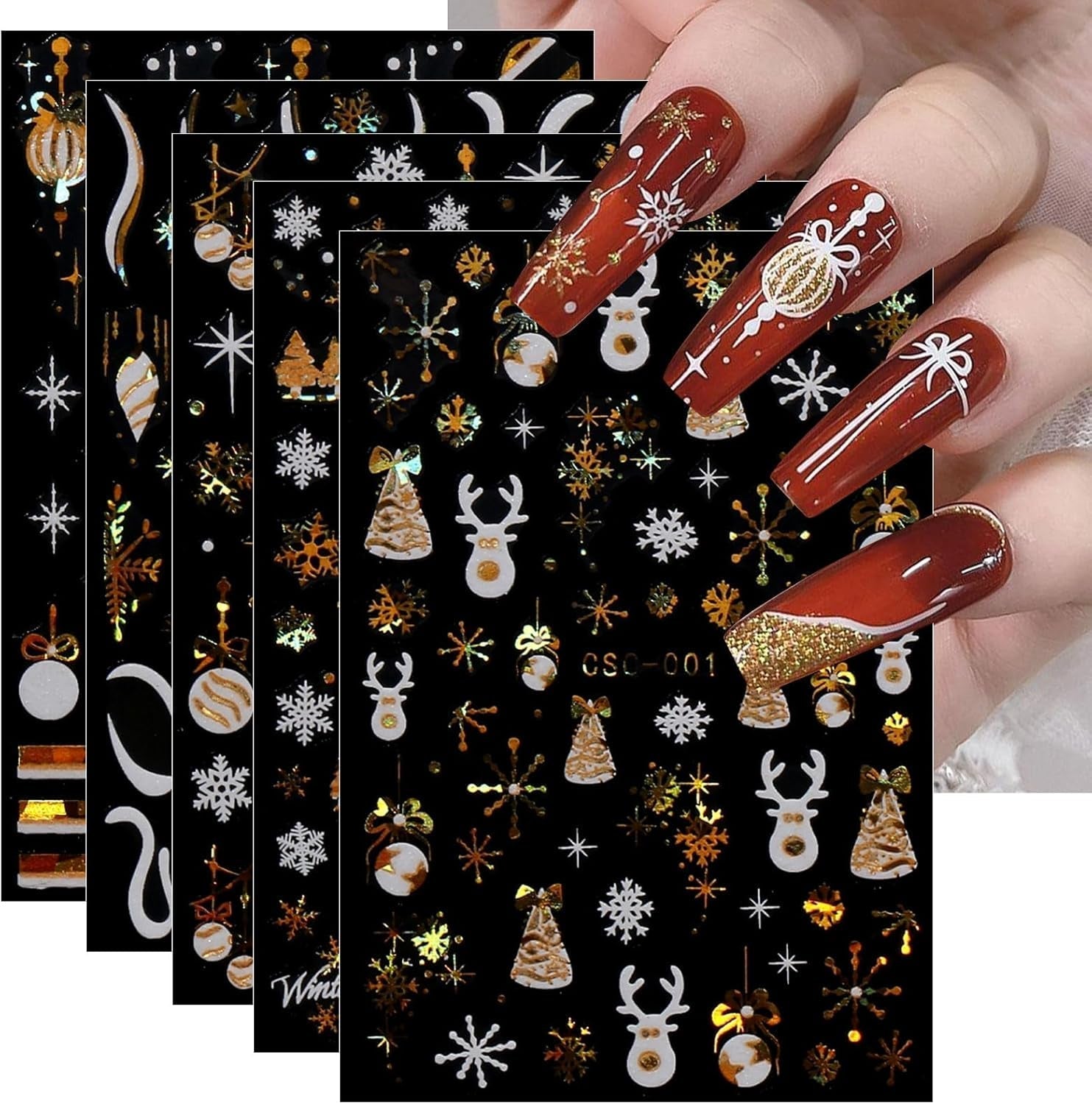 JMEOWIO Nálepka na nehty Weihnachten Gold Glitter Silber 8 Blatt Nálepka na nehty Selbtklebend Nagelaufkleber Schneeflocke Winterurlaub Dekoration Nageldesign Zubehör