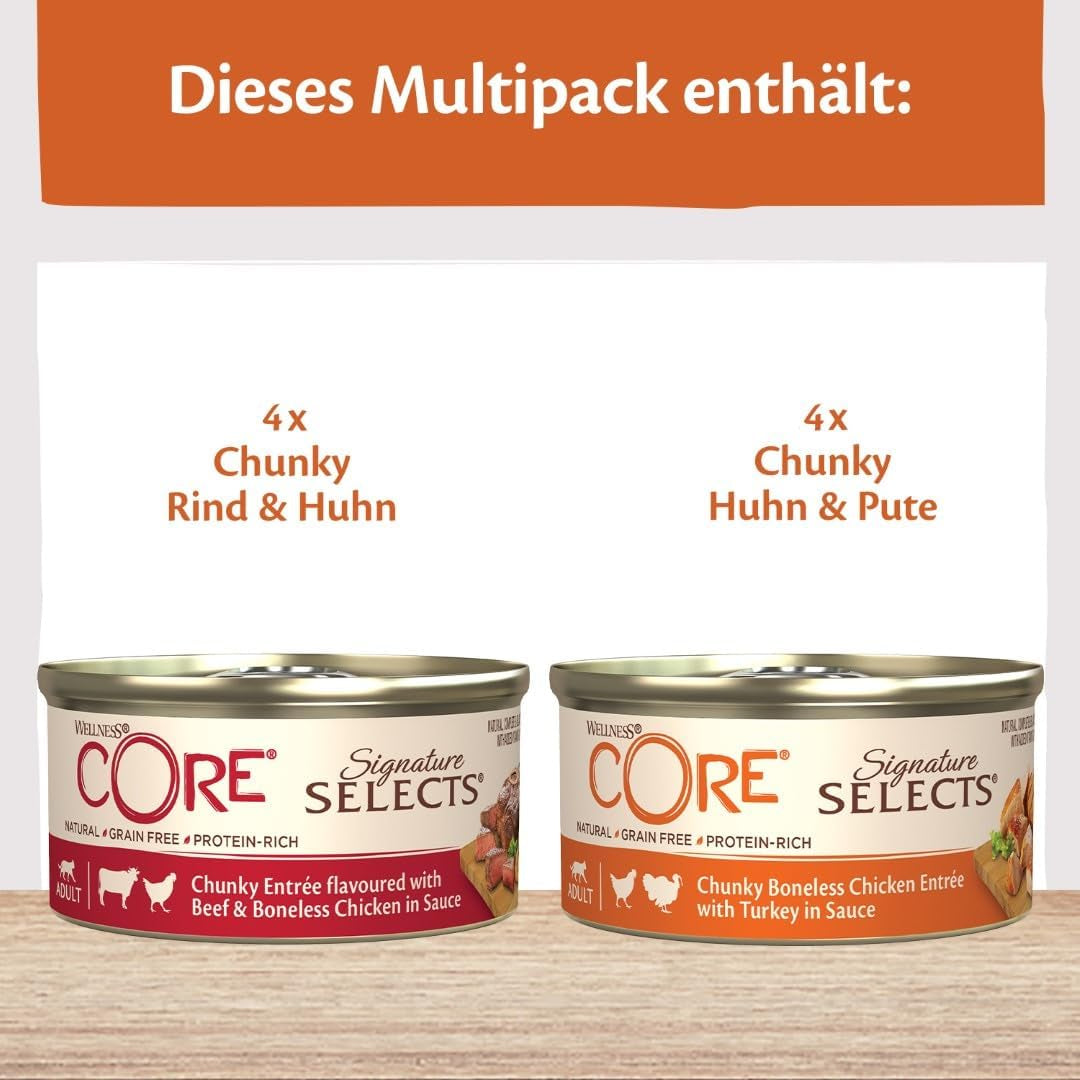 Wellness CORE Signature Selects 8 x 79 g, Mix Hovězí, Kuřecí a Krůtí - Mokré krmivo pro kočky, lahodné nudličky v omáčce, bez obilovin, přírodní, hypoalergenní, s vysokým obsahem bílkovin, s vysokým obsahem masa