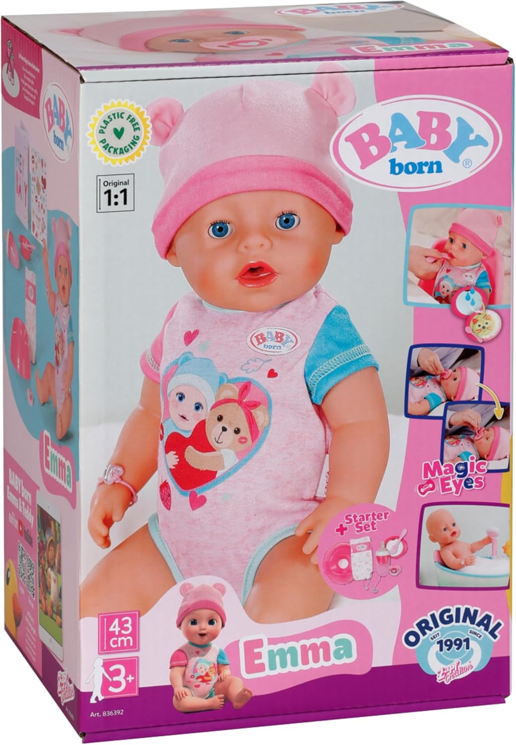 BABY Born Emma - panenka 43 cm - 10 funkcí včetně příslušenství a matrace - Plně funguje bez baterií - Vhodné pro děti od 3 let