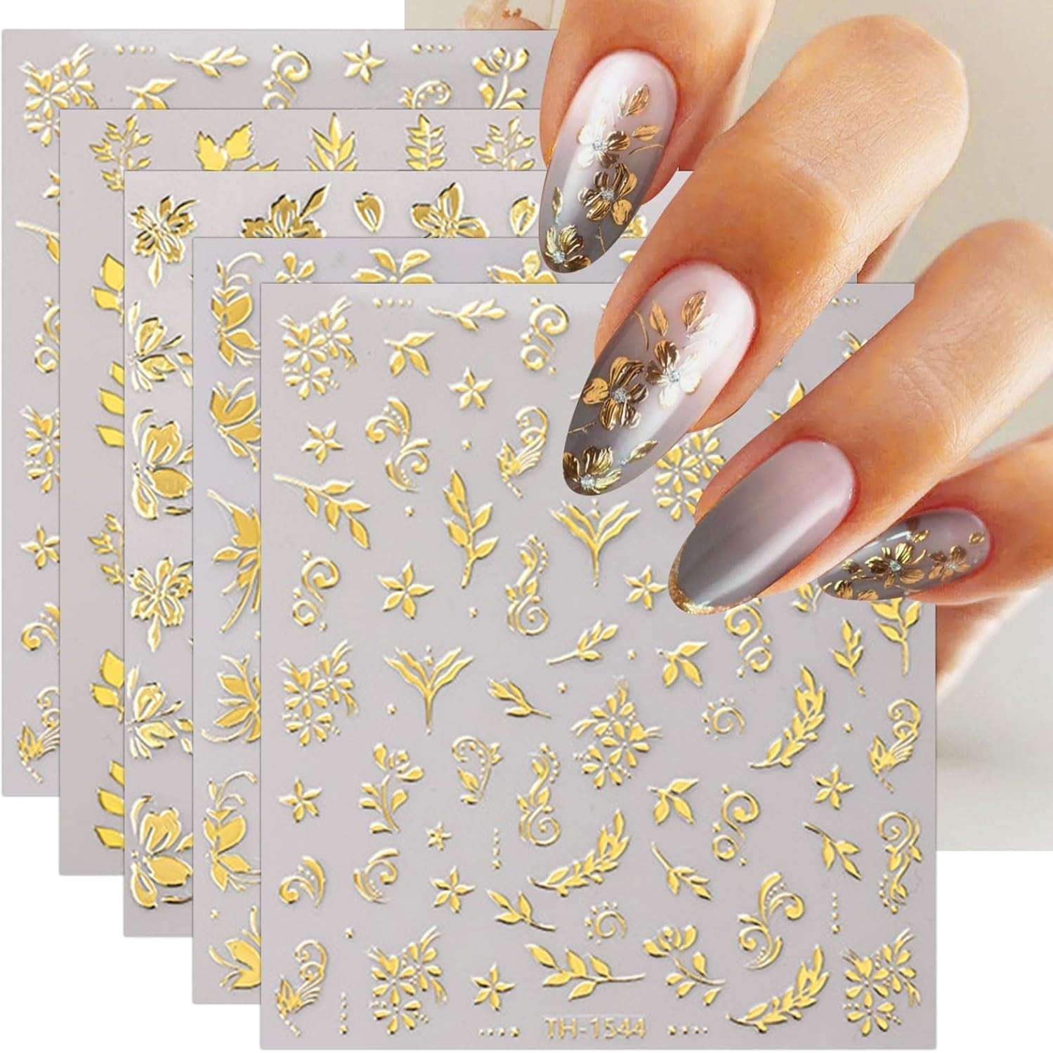 JMEOWIO Nálepka na nehty Goldene Blumen 8 Blatt Nálepka na nehty Selbtklebend Nagelaufkleber Dekoration Nageldesign Zubehör