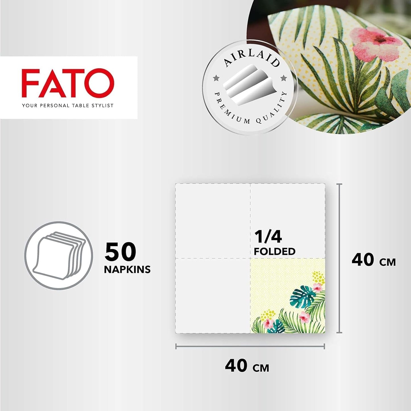 Fato - Suché papírové ubrousky, vzduchem kladené, textilní efekt, balení 50 ks ubrousků, 40X40 složené na 4 formáty, dekor Tropicana