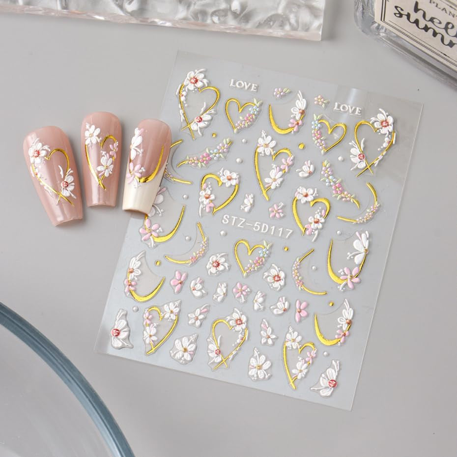 JMEOWIO 3D Nálepka na nehty Blume Nálepka na nehty Selbstklebend Nagelaufkleber 5D Stereoskopické jarní letní květinové dekorace Nageldesign Zubehör 4 Blatt