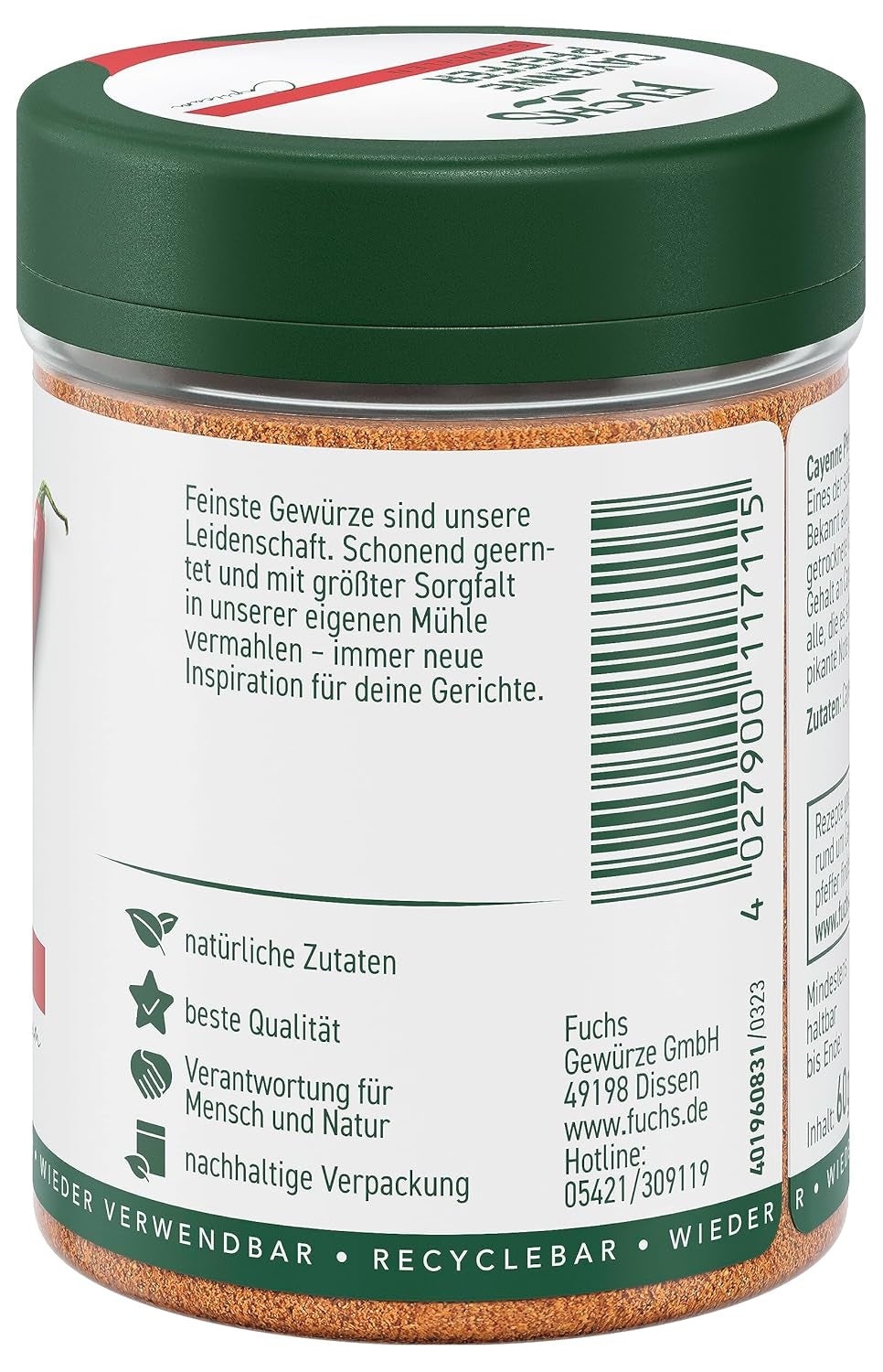 Fuchs Gewürze - Kajenský pepř gemahlen - pro einen scharfen Geschmack ve všech druzích pokrmů - přírodní ingredience - 60 g v wiederverwendbarer, recyclebarer Dávka