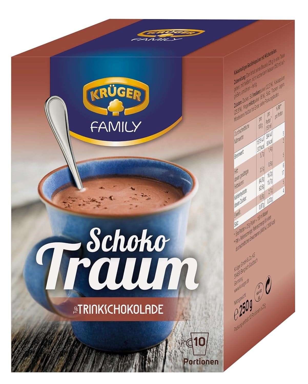 KRÜGER Family, Kakaový prášek na horkou čokoládu, 8 krabiček x 10 sáčků, 8 x 250 gramů kakaa a horké čokolády Naty Shop