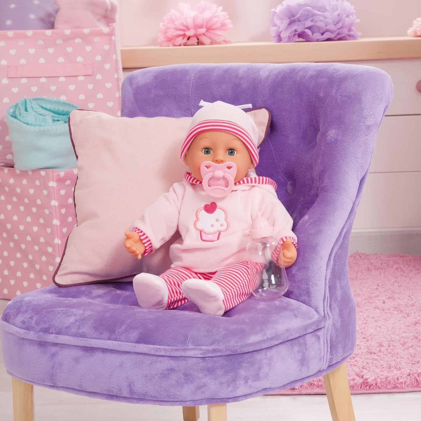 Panenka First Words s ospalýma očima, mluví 24 dětskými zvuky, s panenkou a lahvičkou, 38 cm, růžové/pruhy Naty Shop Dolls
