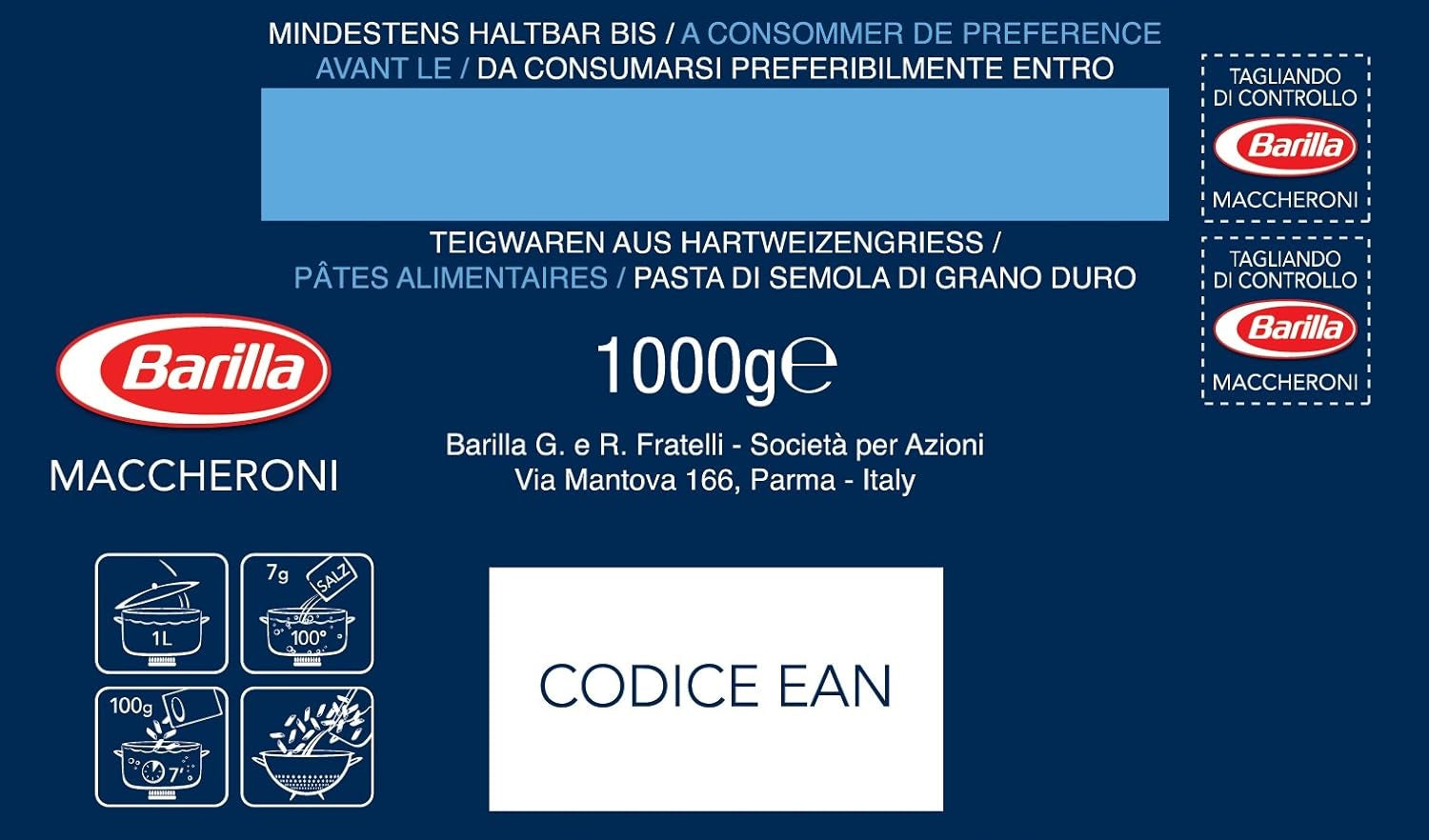 Těstoviny z tvrdé pšenice Barilla Maccheroni n. 44 – Balení po 1 (1x1kg)