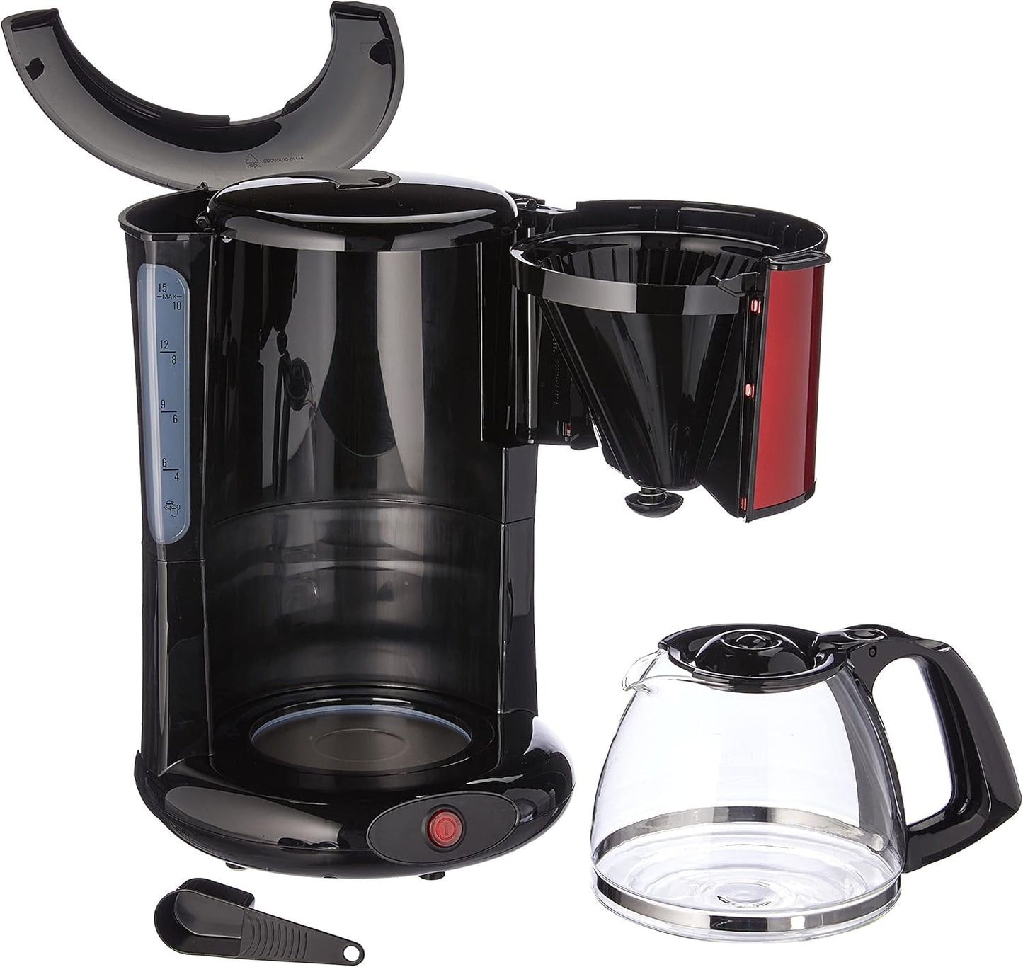 Espresso Subito s filtrem, skleněná karafa, 10-15 šálků, objem 1,25 l, automatické vypínání, vyjímatelný filtr, indikátor hladiny vody, nerezová ocel, červená/černá, FG360D