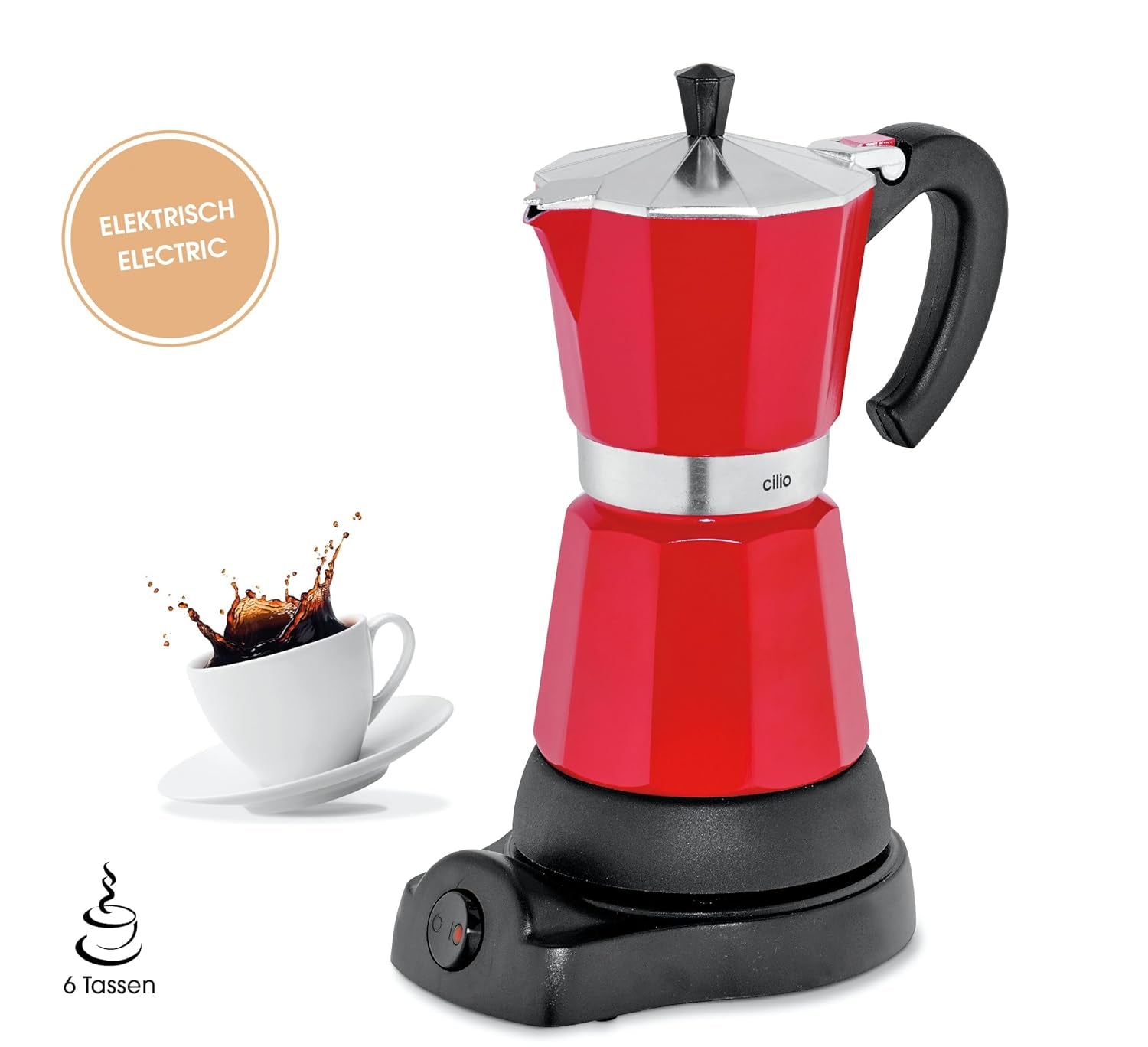 Cilio Classico espresso kávovar na 6 šálků | elektrický 480W | Ø 11,5 cm Výška: 25 cm | hliník | červená | integrovaná varná deska | s funkcí udržení tepla a redukčním filtrem | na cestování nebo kempování