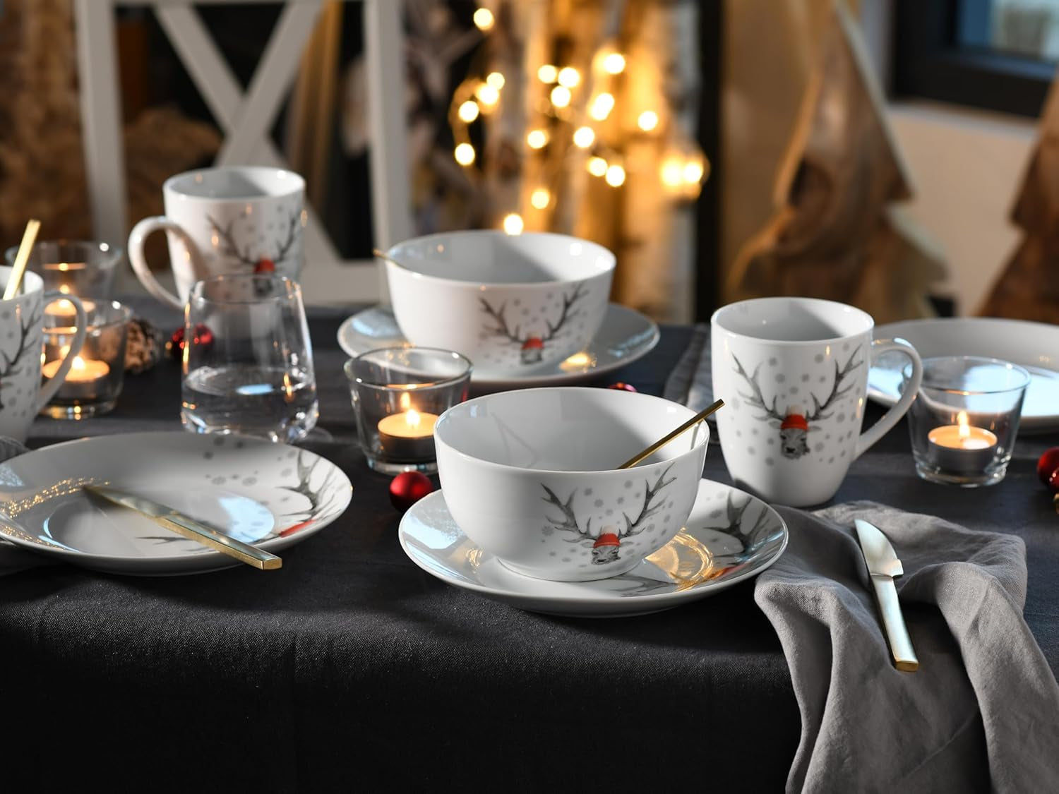 CreaTable, 21498, Luna Hirsch Series, 18dílná sada nádobí pro 6, Porcelánová snídaňová sada, Vhodné do myčky a mikrovlnné trouby, Kvalitní výroba