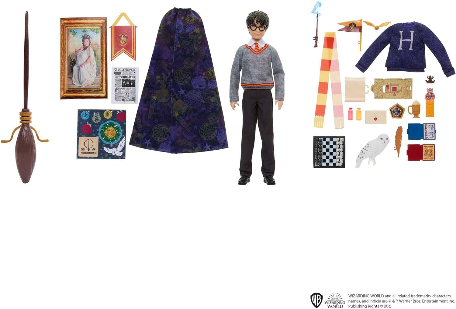 HARRY POTTER Nebelvírský adventní kalendář – 24 příběhů, kouzelná překvapení, bradavická společenská místnost, realistická tvář, pro fanoušky od 6 let, HND80 Naty Shop Dolls