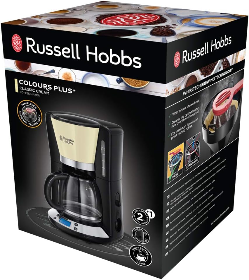 Kávovar Russell Hobbs [Digitální časovač, sprchová hlavice pro optimální odsávání a aroma] Colors+ Creme (1 až 10 šálků, 1,25 l skleněná karafa, topná deska, 1100 W) Kávovar s filtrem 24033-56