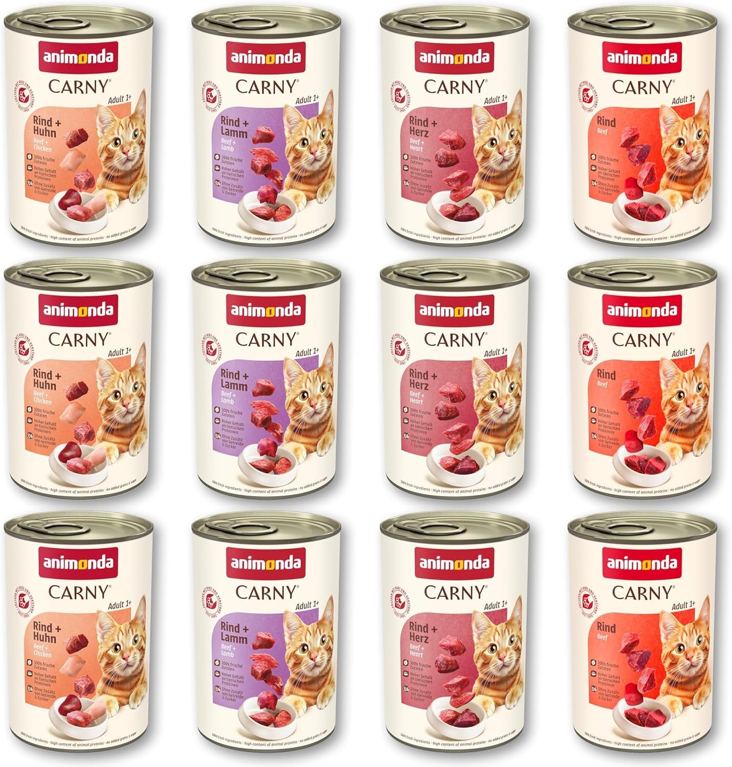 animonda Carny Adult Savory Variety (12 x 400 g), mokré krmivo pro dospělé kočky, mokré krmivo se 100% čerstvými masovými přísadami, bez obilovin a bez cukru