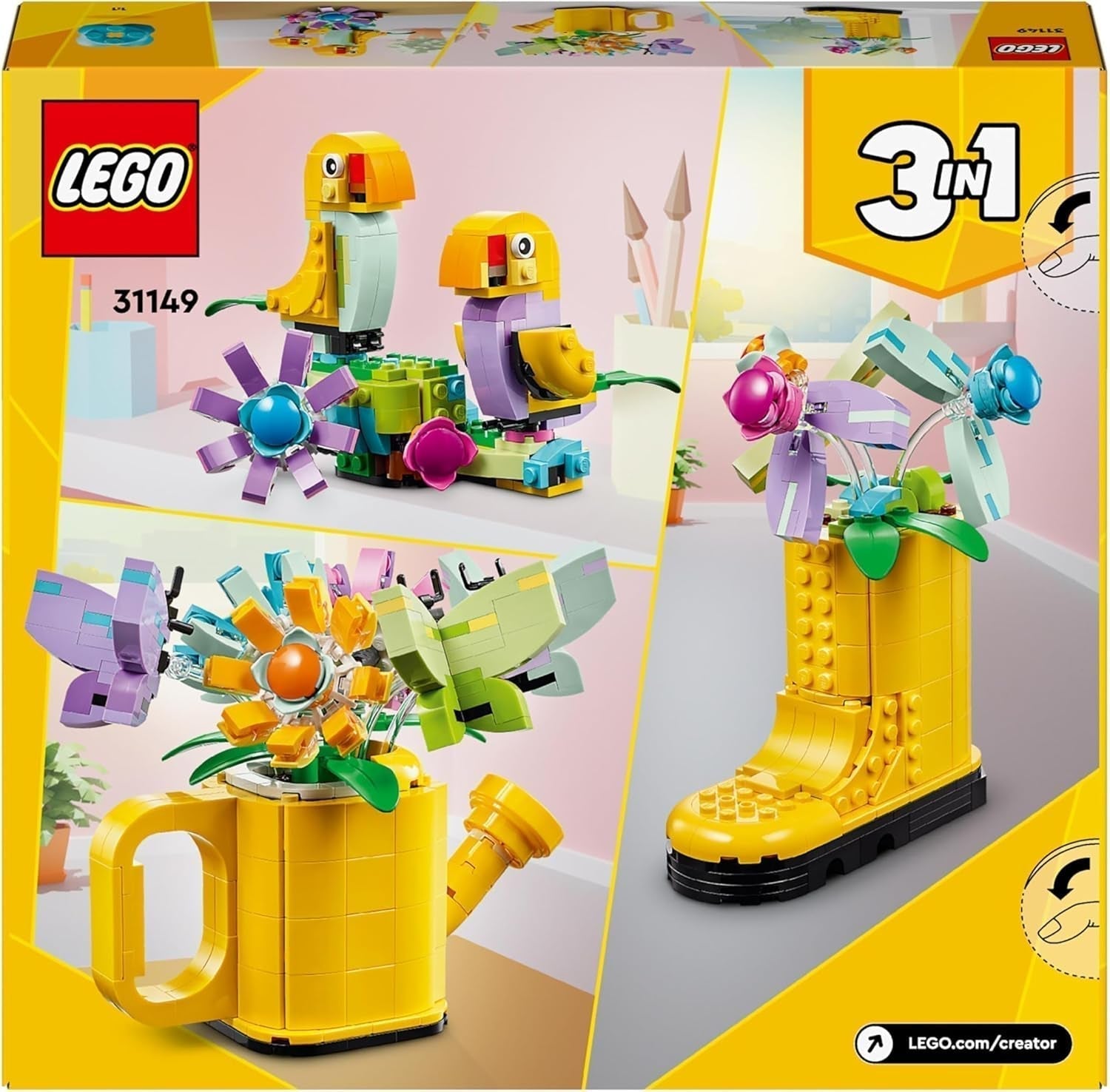 LEGO Creator 3v1 sada kropení květin, dekorace do dětského pokoje, Postavte si zavlažovač s kyticí květin, gumovými holínkami nebo 2 ptáčky, kreativní dárek pro dívky a chlapce 8 let 31149 Stavebnice Besuche den LEGO-Store