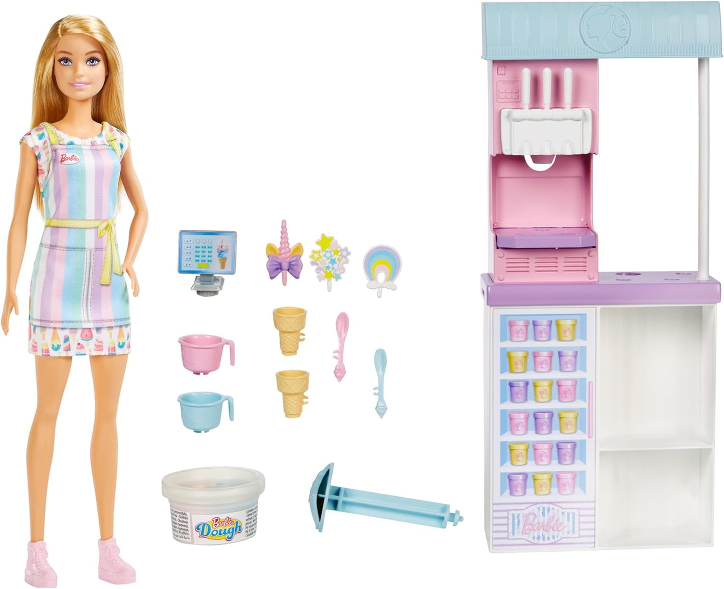 Série Barbie You Can Be Anything, Zmrzlinárna, 1x Panenka Barbie s blond vlasy, Stroj na zmrzlinu, Barbie Play-Doh, Doplňky na pečení, Dárek pro děti, Hračka od 3 let, HCN46