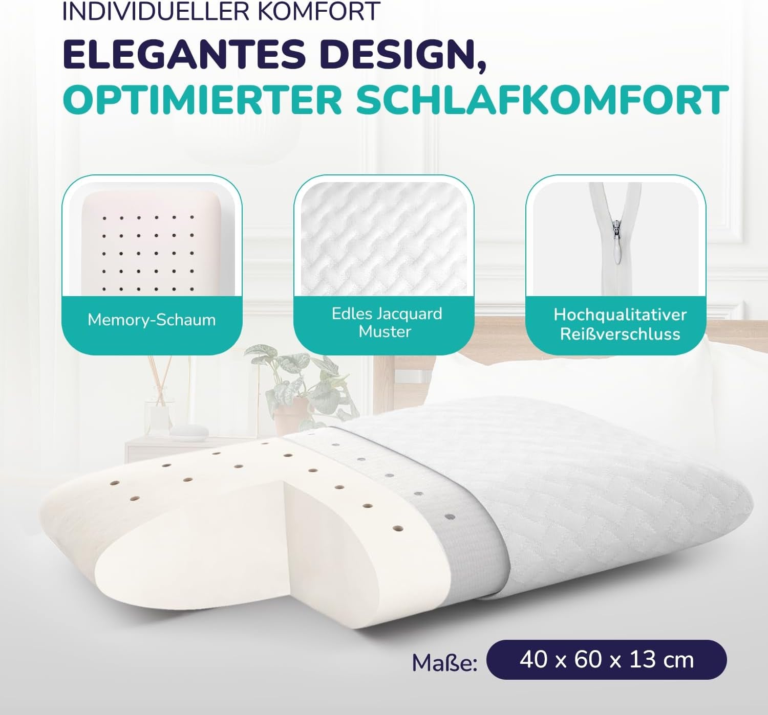 ZenPur ortopedický polštář na krk 40x60-13cm, polštář na hlavu z paměťové pěny - ergonomický polštář na spaní na krk a ramena, certifikace Oeko-TEX