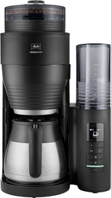 Melitta AromaFresh Therm Pro X - Espresso kávovar s filtrem, integrovaným mlýnkem, vyjímatelnou nádržkou na vodu, nerezovou termokarafou a funkcí časovače, až na 8 šálků kávy, černá/stříbrná