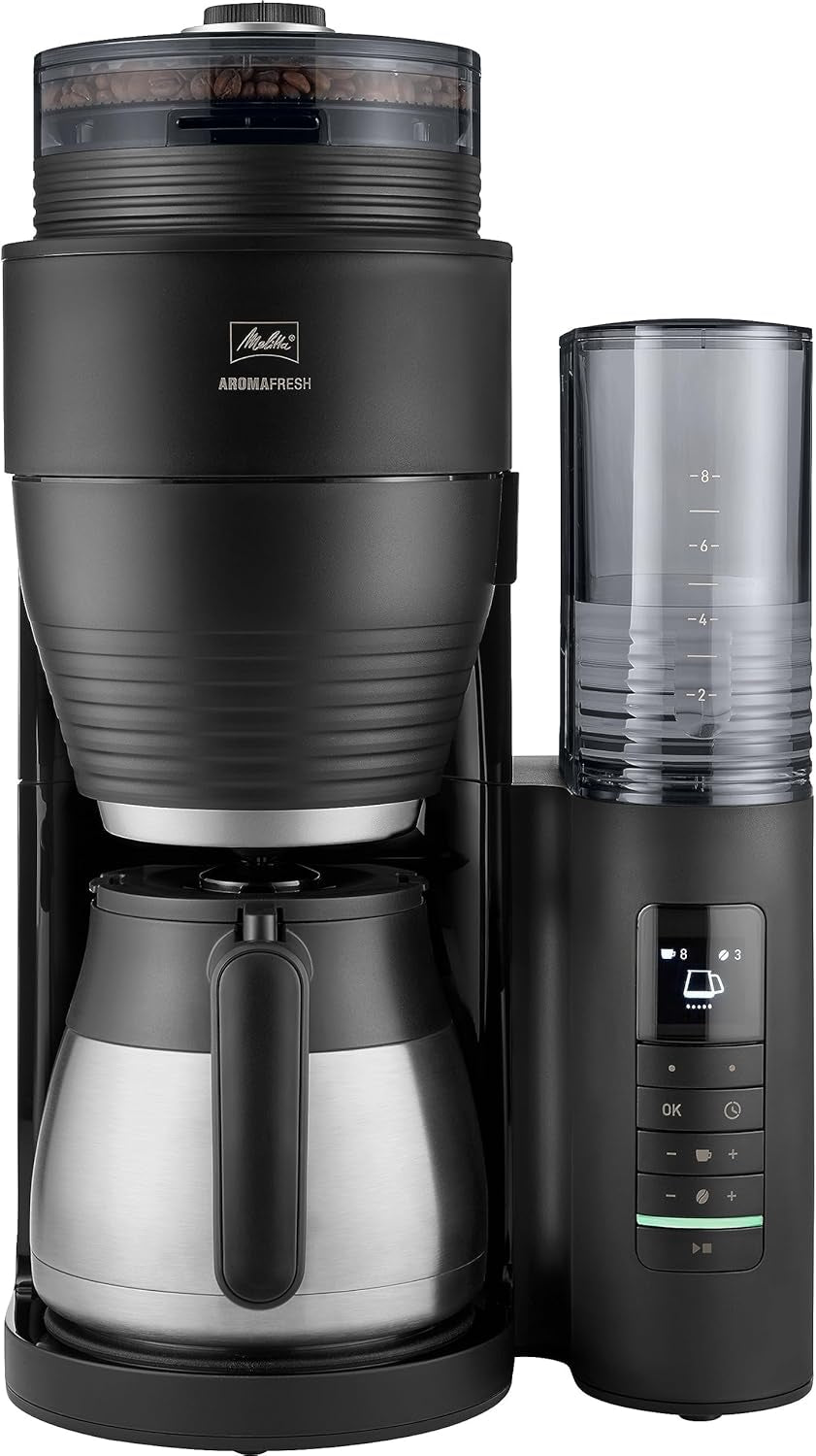 Melitta AromaFresh Therm Pro X - Espresso kávovar s filtrem, integrovaným mlýnkem, vyjímatelnou nádržkou na vodu, nerezovou termokarafou a funkcí časovače, až na 8 šálků kávy, černá/stříbrná
