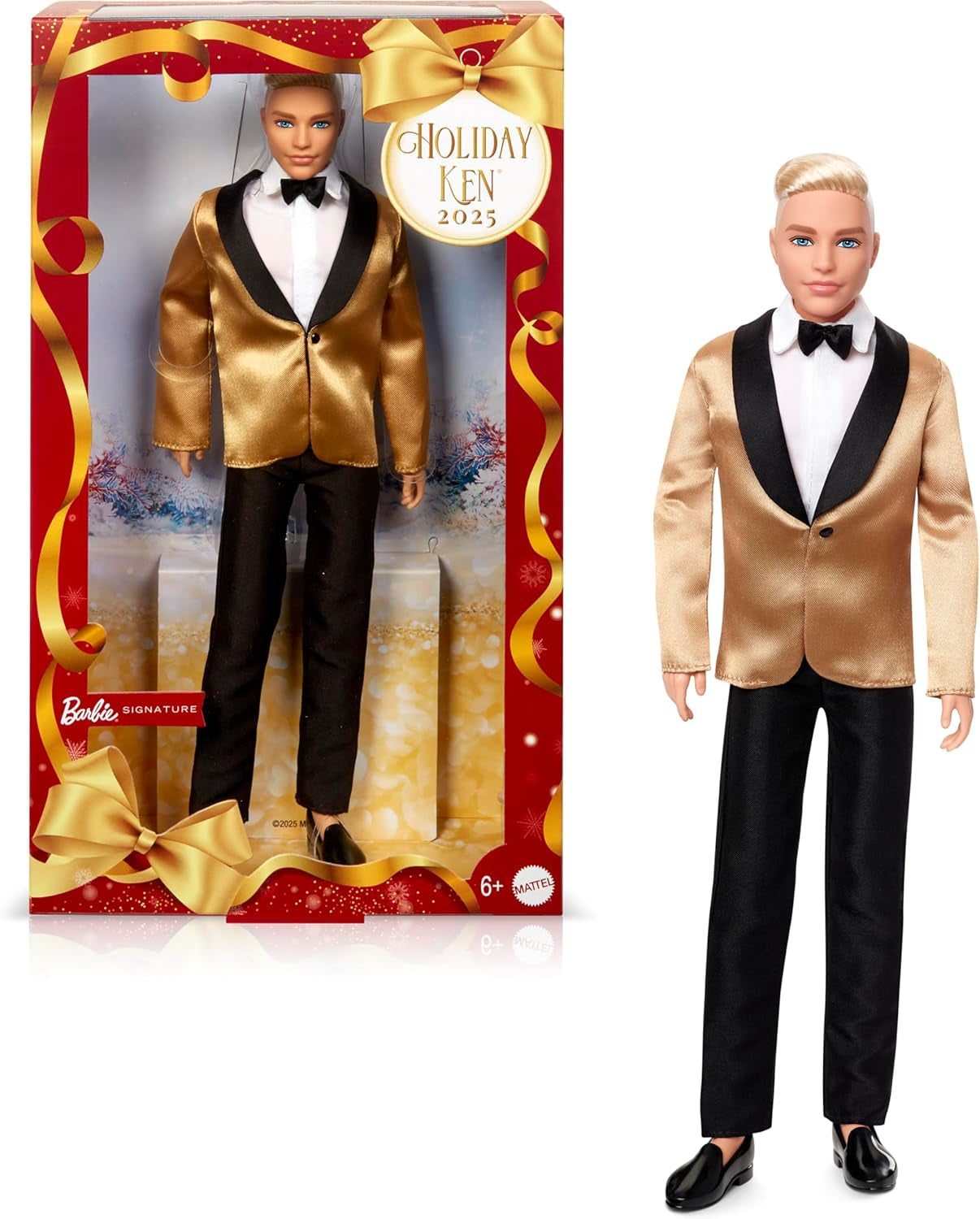 Barbie Signature 2025 sváteční blondýnka Ken Modepuppe zum Sammeln v kompletu Anzug se Goldener Jacke v Einer Verpackung zum Ausstellen und mit Puppenständer, JGK55
