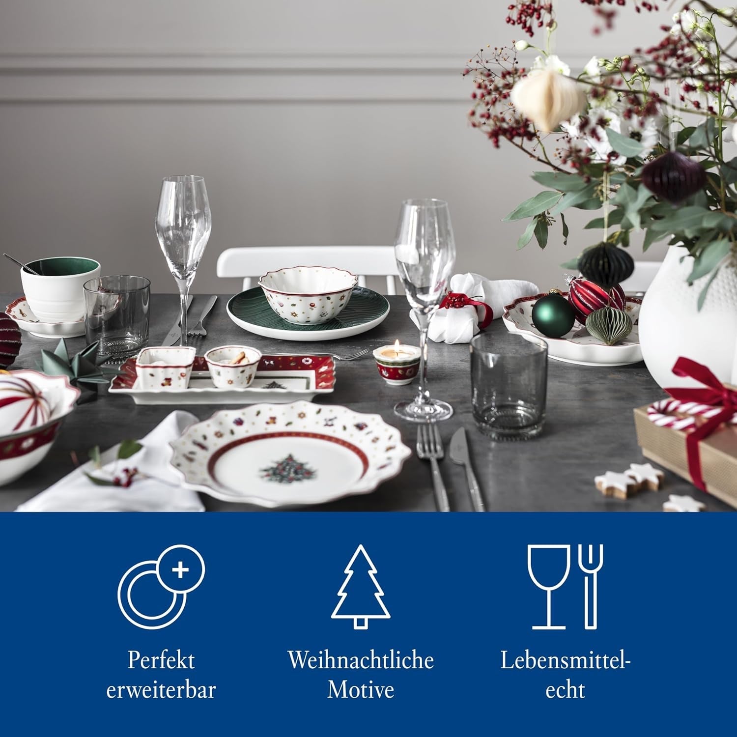 Villeroy & Boch - Toy's Delight Gravy Set, 4 kusy, Servírovací talíř s miskami, Sada vánočních misek, Dekorace na hrací stůl, Servírovací tác, Misky, Vánoční nádobí, Prémiový porcelán