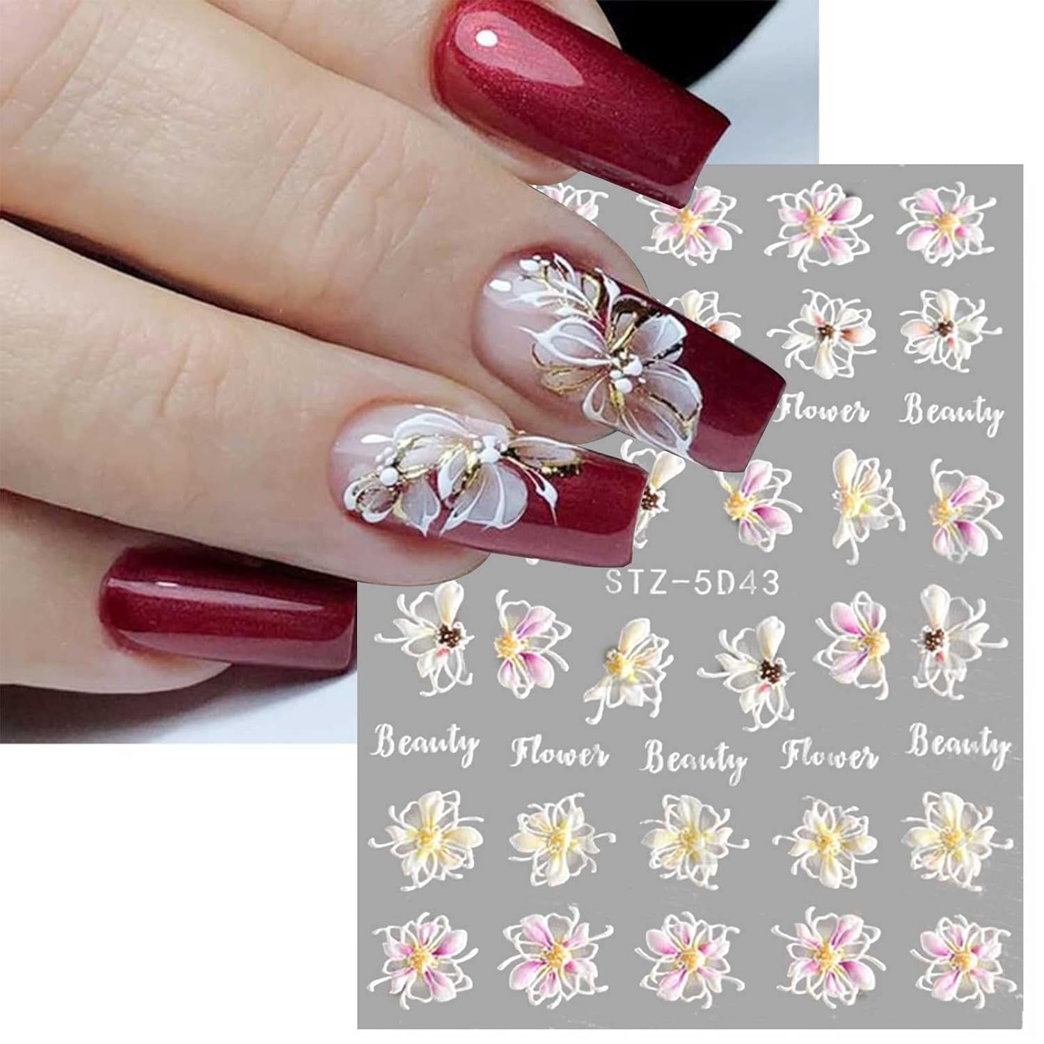 JMEOWIO 3D Nálepka na nehty Frühling Blume Nálepka na nehty Selbstklebend Nagelaufkleber 5D Stereoskopisch Blumen Dekoration Nageldesign Zubehör 4 Blatt