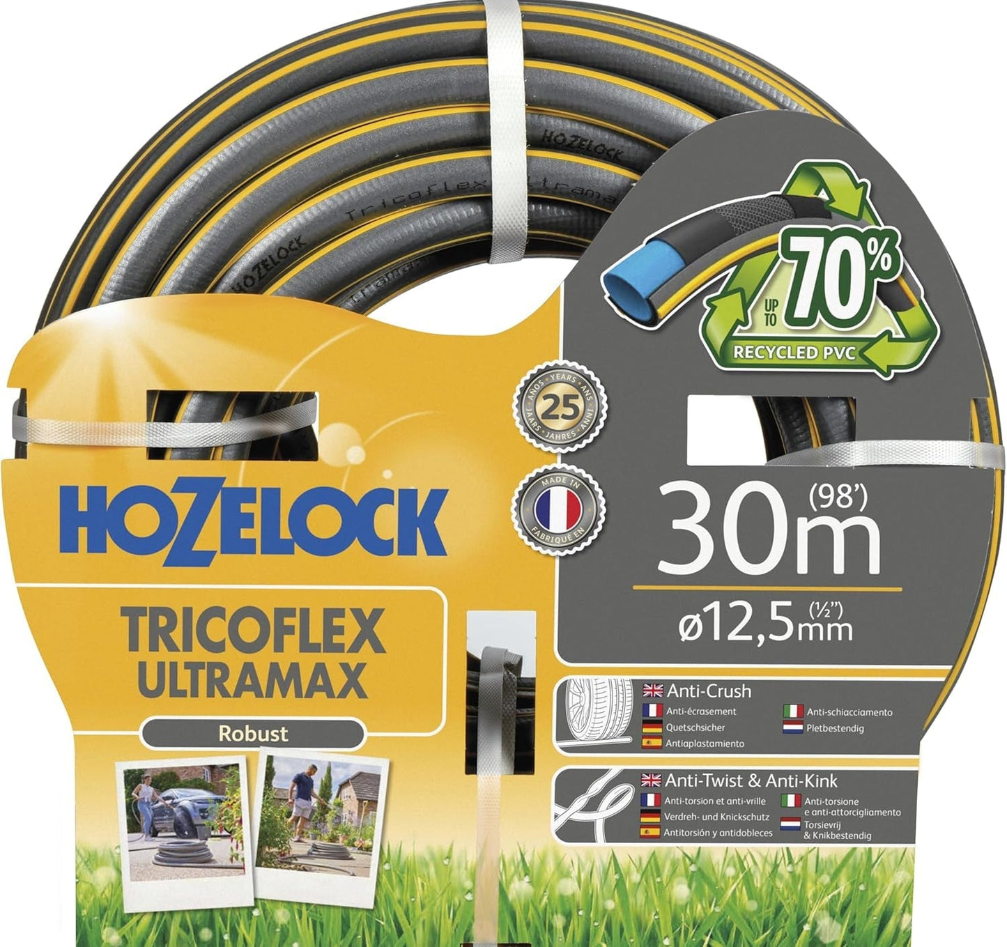 Hadice HOZELOCK - Ultramax 12,5 mm x 30 m, až 70 % recyklovaného PVC, robustní, odolná proti povětrnostním vlivům, odolná proti kroucení, ohybu a rozdrcení, šedá