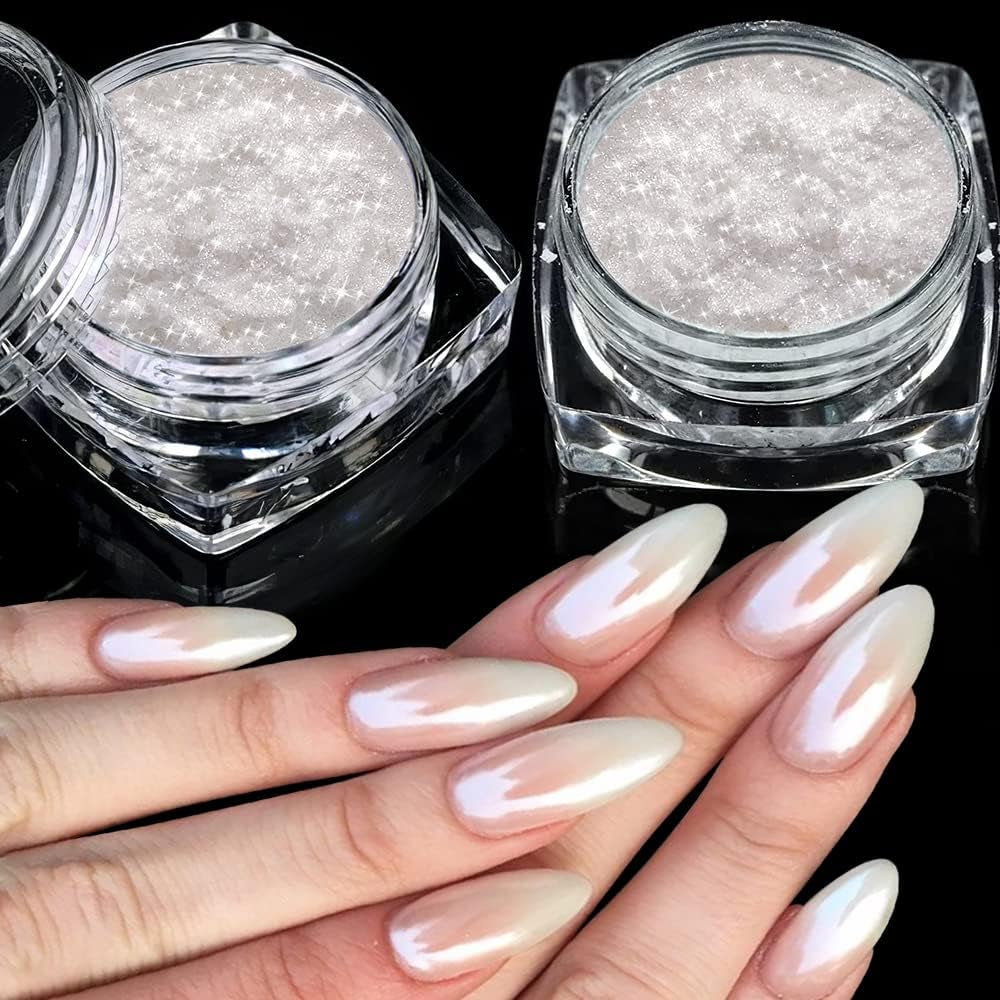 2 Schachteln Weiße Perle Chrom Nagelpuder - Transparentní Aurora Ice Shimmer Chrome Pigment Pulver Für Nägel, Glazed Donut Glitzerpuder Nails Spiegeleffekt-Glitter Nagelkunst-Pulver Für Diy-Salon