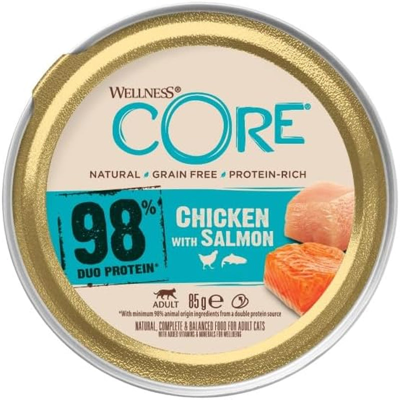 Wellness CORE 98% 12 x 85g, kuře a losos - vlhké krmivo pro kočky, hustá paštika, bez obilovin, přírodní, hypoalergenní, s vysokým obsahem bílkovin, s vysokým obsahem masa