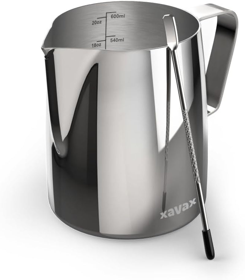Baristický hrnek na mléko s latte art perem, nerezová ocel, 600 ml, stříbrná
