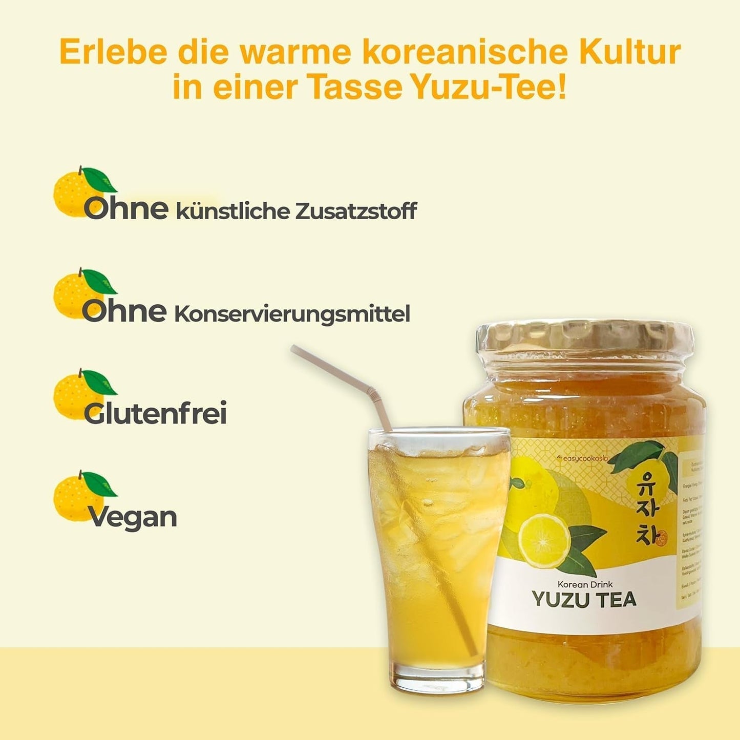 Korejský nápoj Easycookasia – čaj Yuzu | Ovocné, sladké a citrusové | S vitamínem C | Na čaj, limonádu, koktejly a dezerty | Objevte asijskou čajovou kulturu (500g)