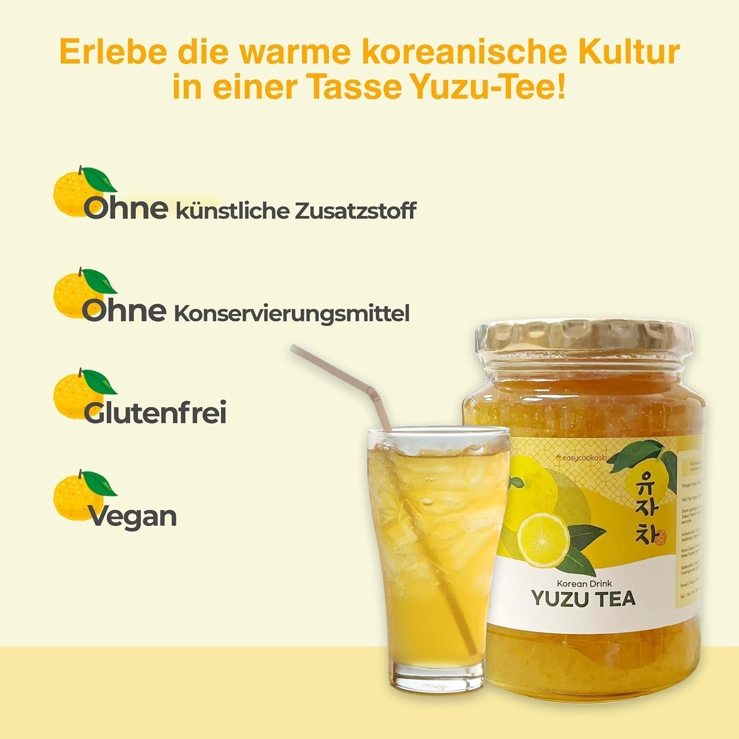Korejský nápoj Easycookasia – čaj Yuzu | Ovocné, sladké a citrusové | S vitamínem C | Na čaj, limonádu, koktejly a dezerty | Objevte asijskou čajovou kulturu (500g)