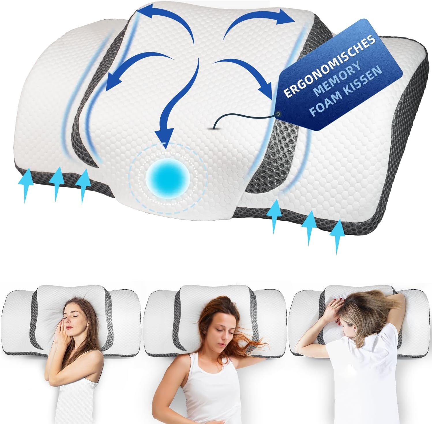 Ortopedický polštář, Ergonomický polštář na krk, Polštář na hlavu, Originální polštář z paměťové pěny na boky, Opěrka zad a žaludku, Polštář na podporu krku pro muže, Ženy (67,3 X 38,2 X 13,8/3 cm) Krční ortopedické polštáře Naty Shop Tmavě šedá - Nové