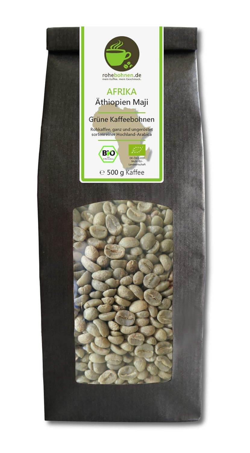 Maji etiopská organická syrová káva Arabica 500 g (zelená kávová zrna 500 g) – certifikace GMP