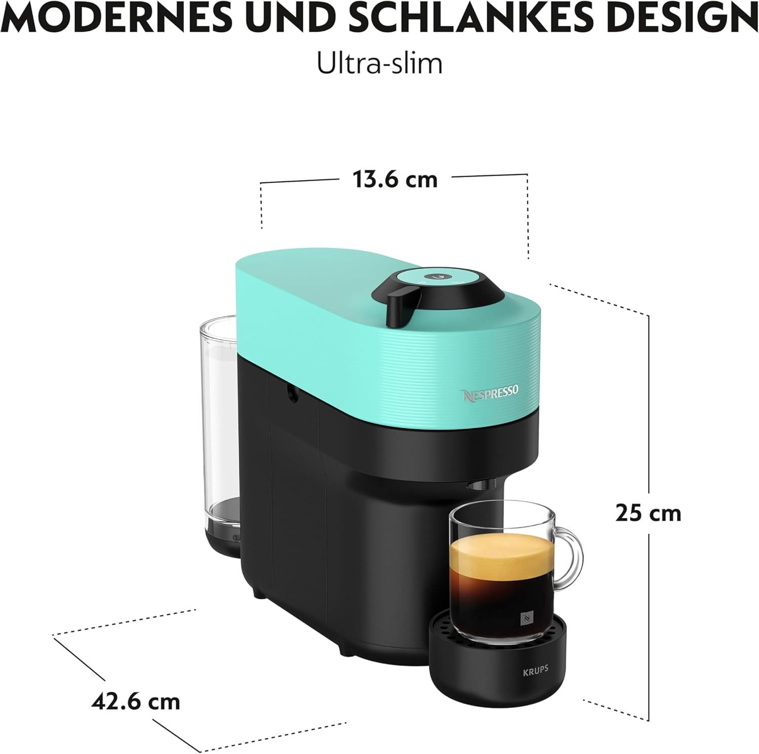 Espresso kávovar s kapslemi Nespresso Krups Vertuo Pop, objem: 560 ml, automatické rozpoznání kapslí, systém jedním dotykem, 4 velikosti šálků, zkrácená doba ohřevu, udržitelný, Aqua Mint, XN9204