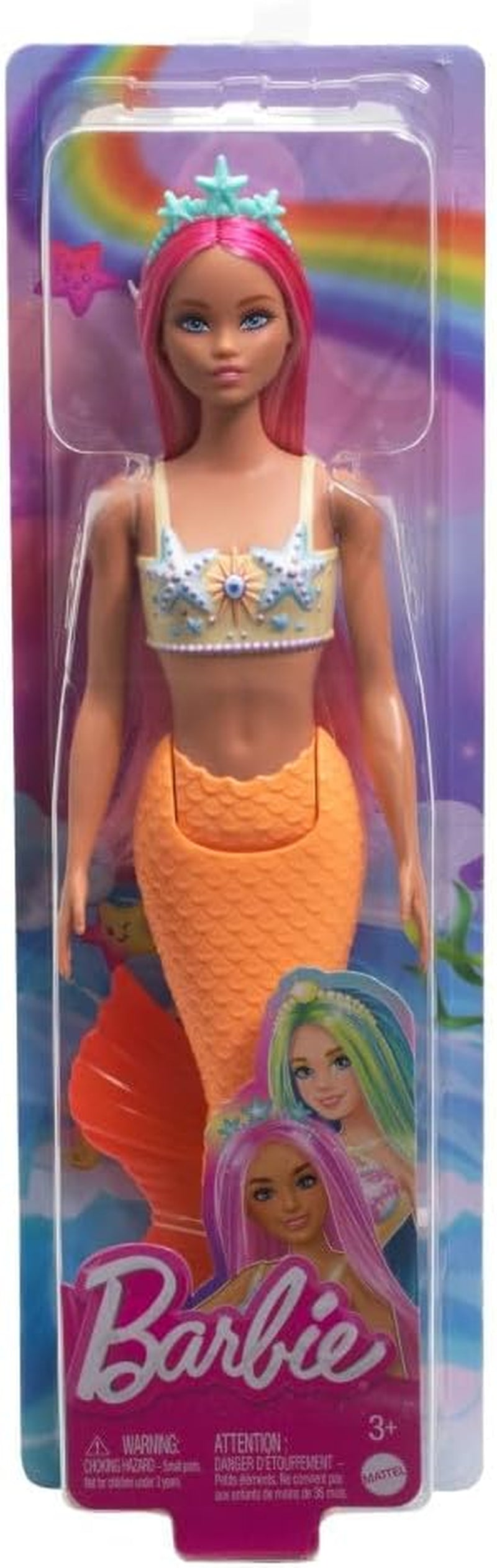 Panenka Barbie Mořská panna s efektními růžovými vlasy a čelenkou, panenka s hlavou hvězdice a měkkou oranžovou ocasní ploutví, HRR05