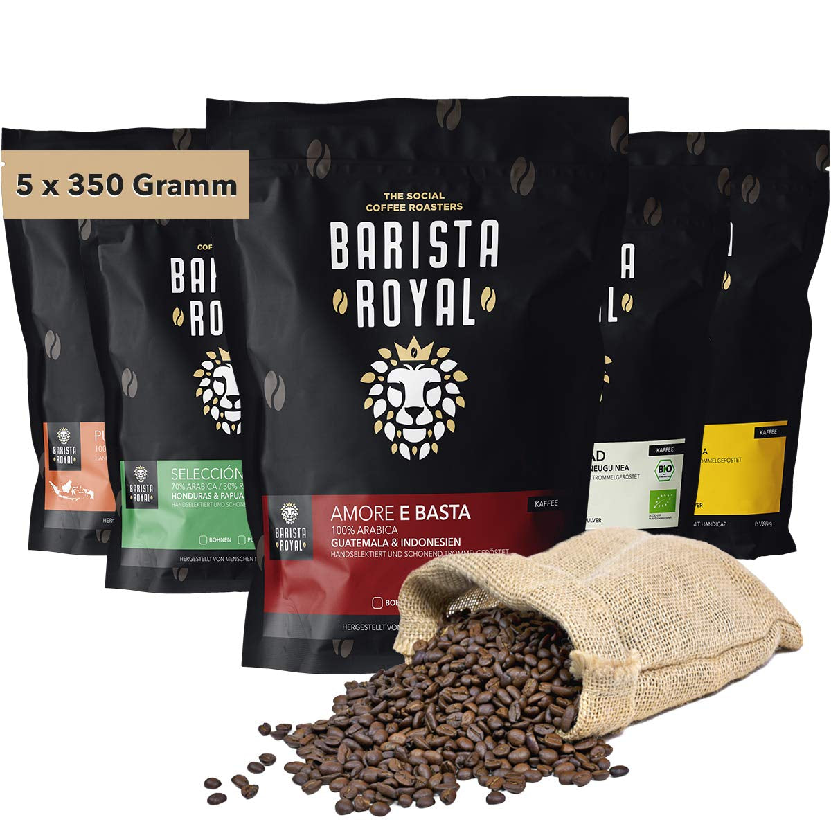 Degustační sada celozrnné kávy 5 x 350 g | Discovery balíček Kávová zrna v dárkové sadě | arabština | Fair Trade | Vegan | Ideální pro automatické kávovary na espresso, kávovary na espresso s filtrem, přelévací stroje na espresso a francouzské lisy | KRÁLOVSKÝ BARISTA