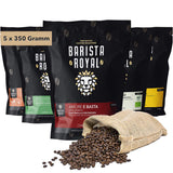 Degustační sada celozrnné kávy 5 x 350 g | Discovery balíček Kávová zrna v dárkové sadě | arabština | Fair Trade | Vegan | Ideální pro automatické kávovary na espresso, kávovary na espresso s filtrem, přelévací stroje na espresso a francouzské lisy | KRÁLOVSKÝ BARISTA
