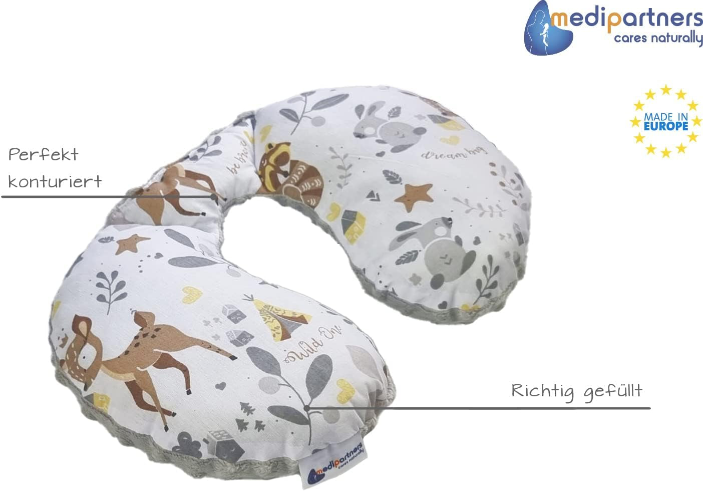 Medi Partners Baby Neck Polštář Neck Support 100% Bavlna / Minky Baby Neck Polštář do autokočárku Cestování Cestování Spánek Polštář Snooze Roll (REH s šedým Minky) Ortopedické polštáře na děložní hrdlo Naty Shop