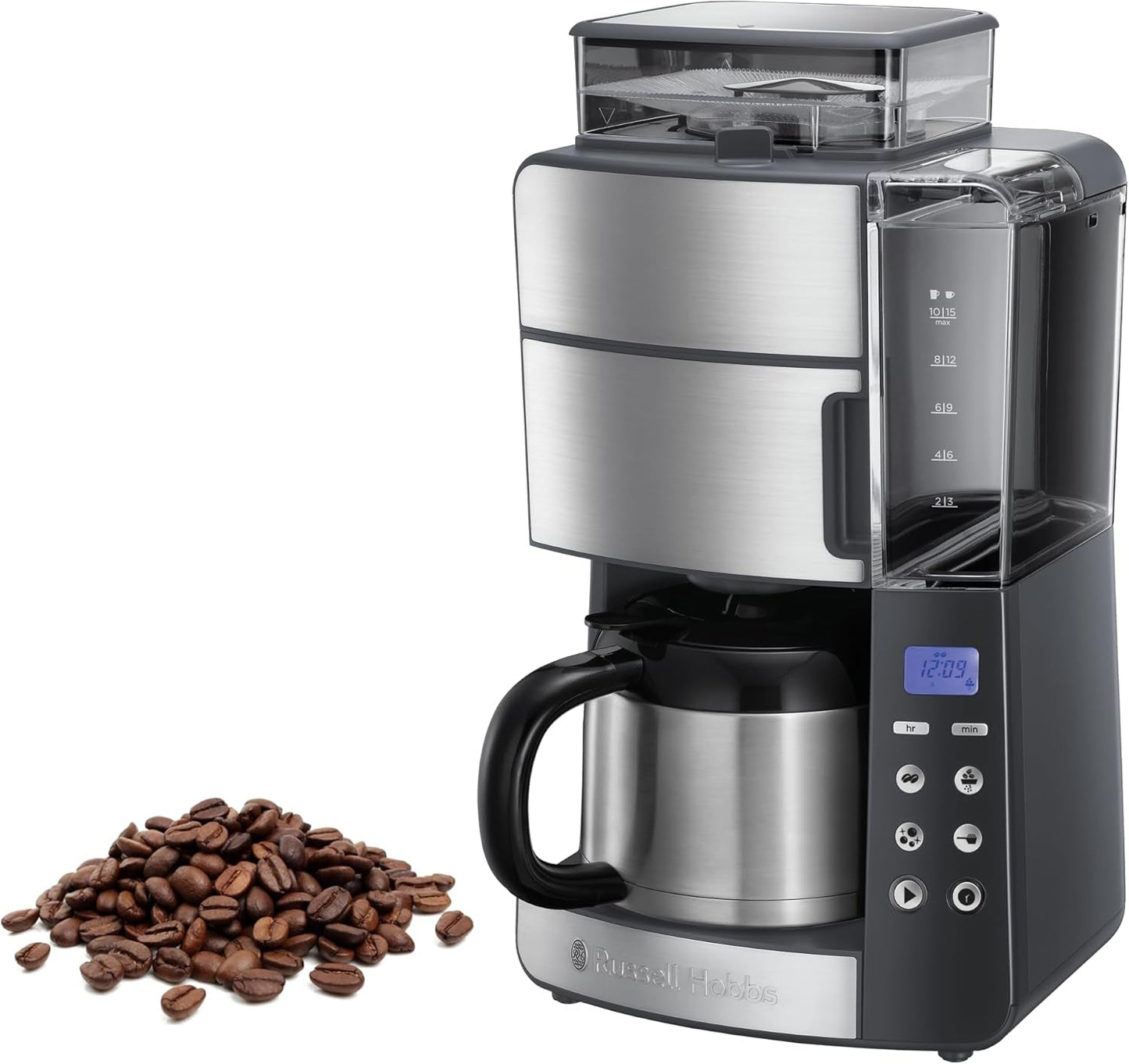 Kávovar Russell Hobbs s mlýnkem a termo karafou [Digitální časovač, sprchová hlavice pro optimální extrakci a aroma] Grind&Brew (1-10 šálků, 3 nastavení mletí) Filtrační kávovar 25620-56