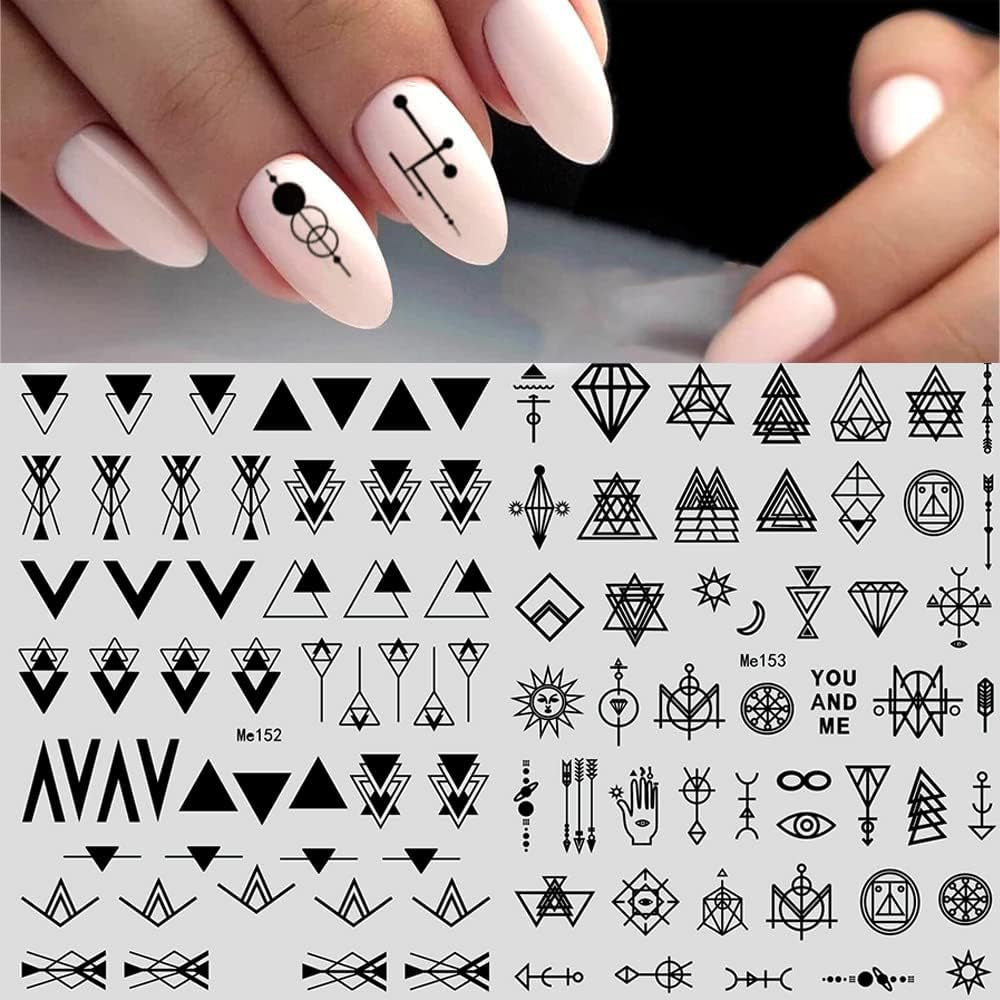 12 Blatt Nagelsticker Geometrisch Nagelaufkleber Selbtklebend Schwarz-Weißes Mysteriöses Dreieck Nail Art Sticker Dekoration Nageldesign Zubehör