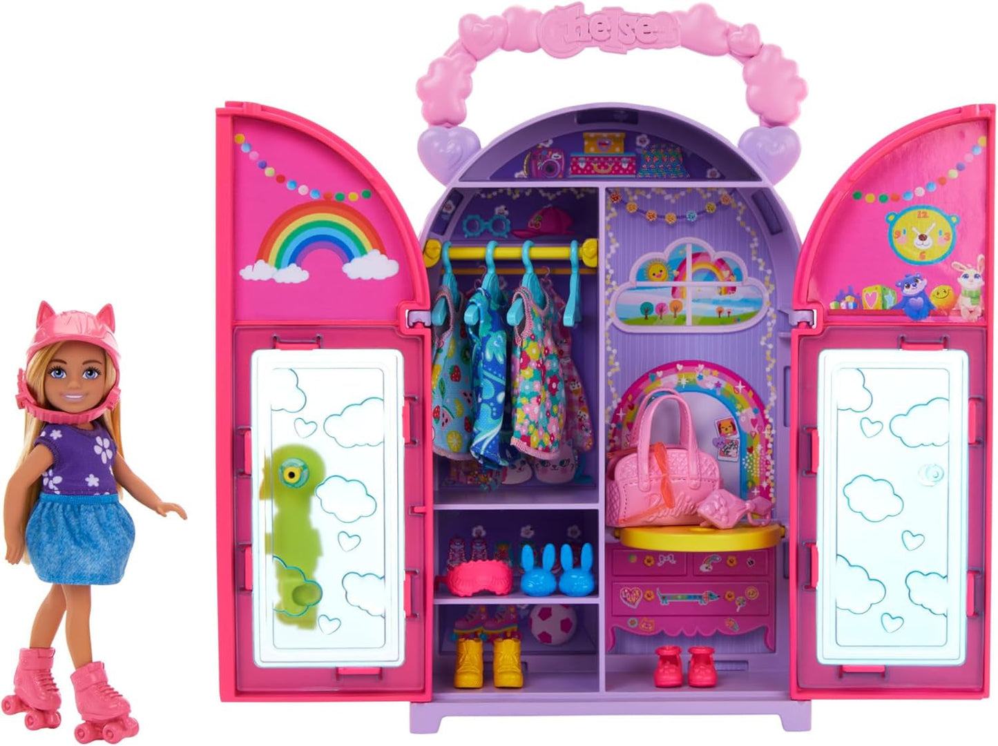 Hrací sada pro panenku Barbie Chelsea a šatní skříň s oblečením a doplňky, 17dílná sada, skládací pro cestování a skladování, HXN03 Naty Shop Dolls Výchozí název