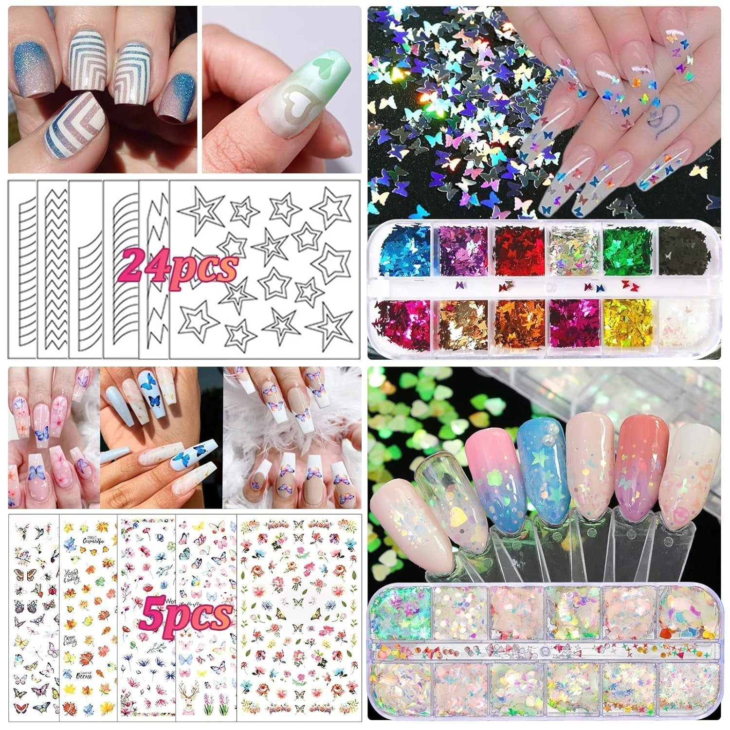 Nail Art Pinsel Und Dekorationen Set,Nail Art Dekoration Zubehör Set,15 ks Pinsel,5 Blätter Nagelsticker,5 ks tečkované pero,Strasssteine ​​​​Nägel,Ultra Dünn Nagel Paillettes Für Nagelkunst Maniküre