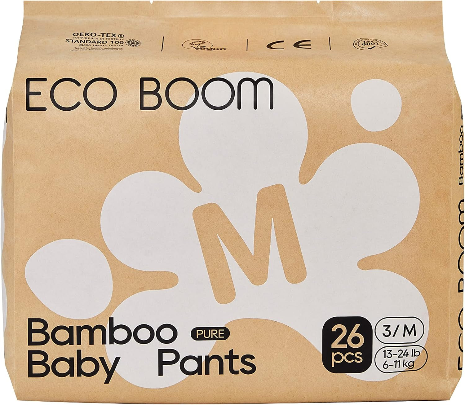 Bambusové dětské plenky ECO BOOM – velikost 6 (20 kg), rostlinné stahovací plenky (17 ks) – prémiové organické, bez parfemace, šetrné k pokožce, super savé