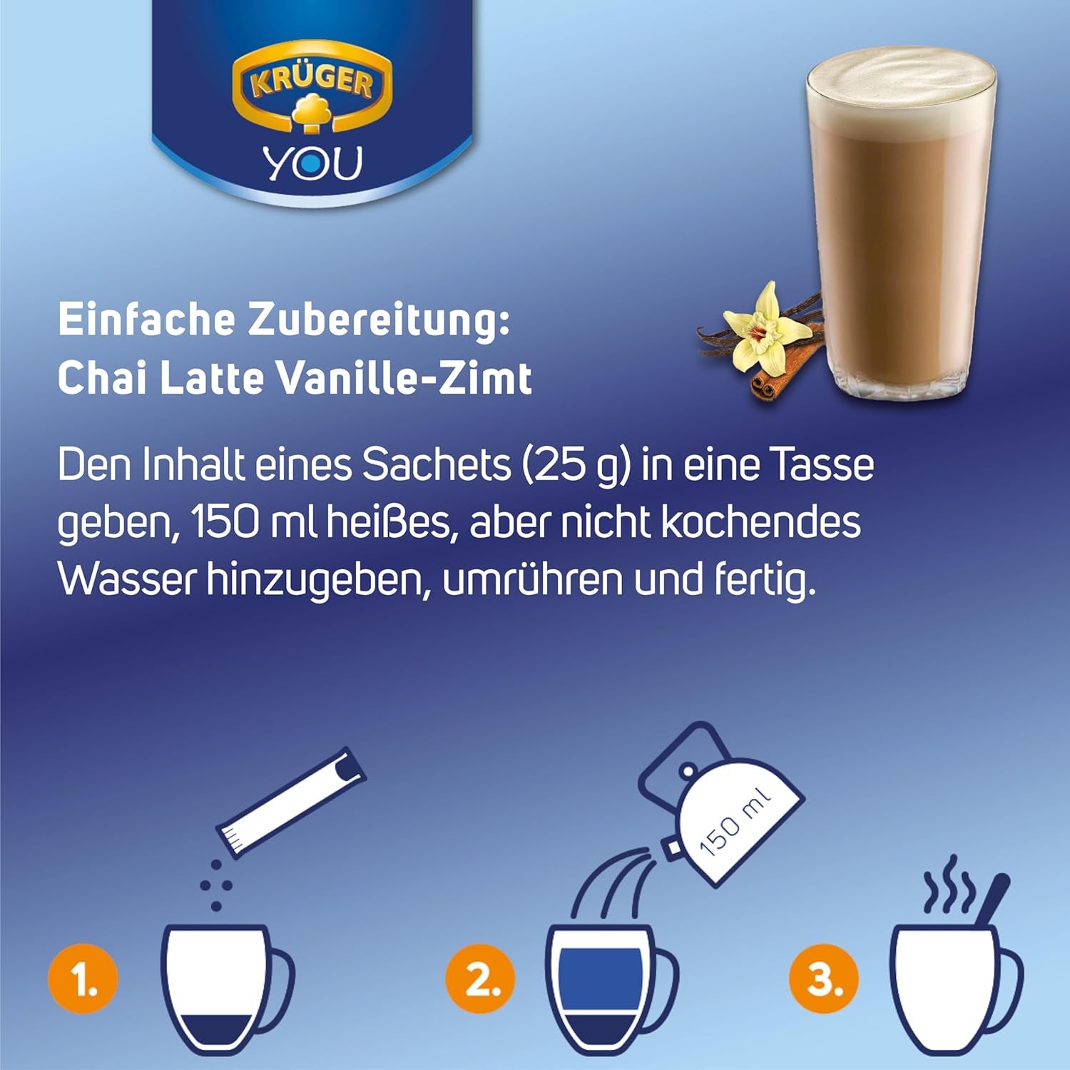KRÜGER YOU Chai Latte Vanilla Cinnamon, instantní přípravek pro mléčné nápoje, ochucený vanilkou a skořicí, 250 g (10 sáčků po 25 g)