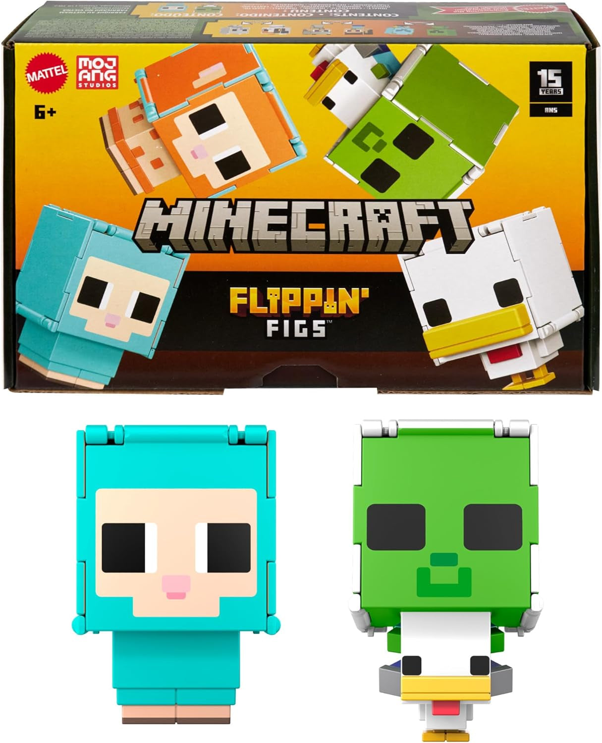 Mattel Minecraft Flippin' Figs Ovečka a kuře 2-balení s hracími figurkami 2 v 1, velkými hlavami a pixelovým designem HXK17 Akční figurky Naty Shop Ovce a kuře