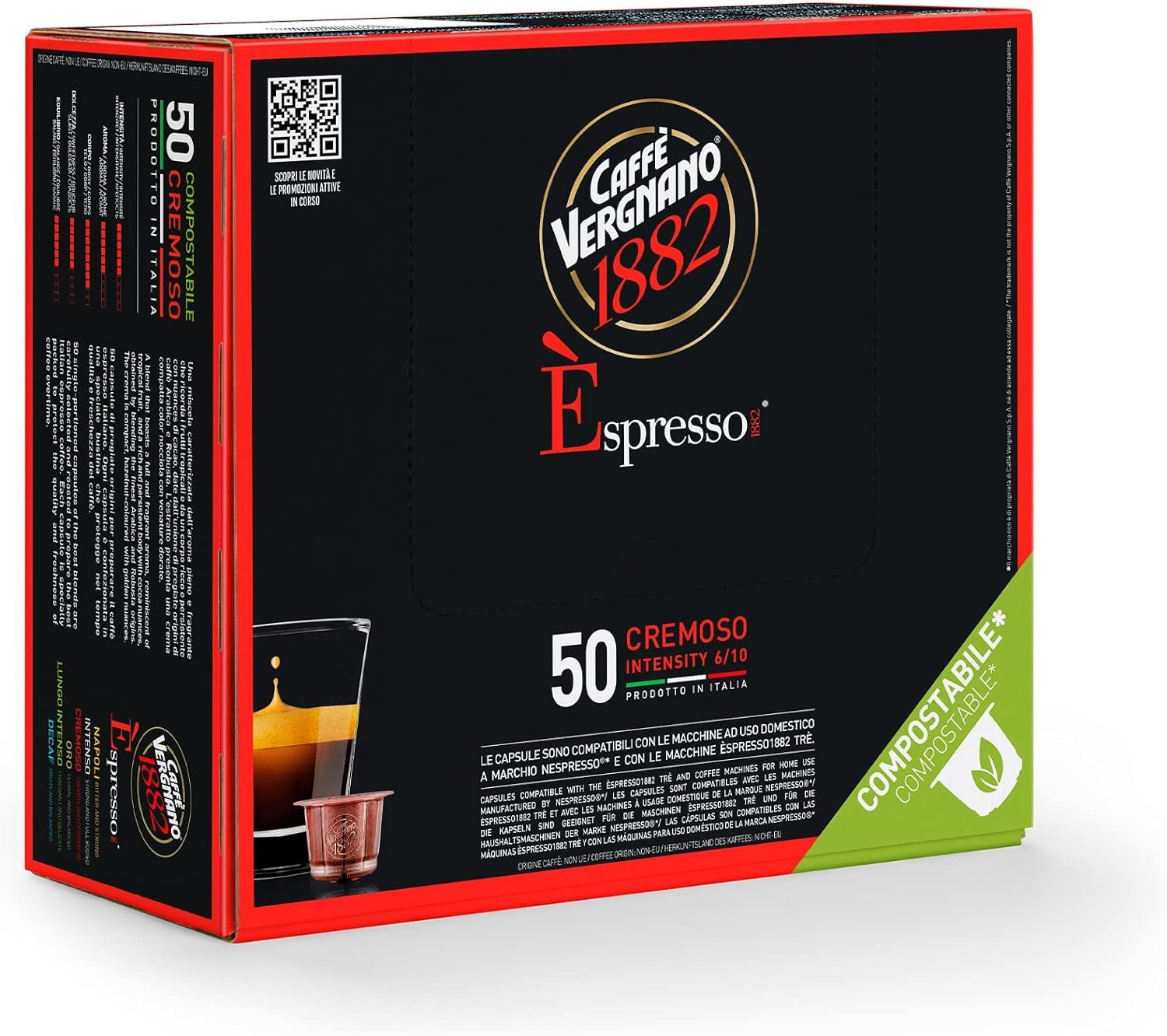 Caffè Vergnano 1882 - Èspresso Kompostierbare Kaffeekapseln, kompatibilní s Nespresso, Cremoso (krémová) - Packung Enthält 50 Kapseln