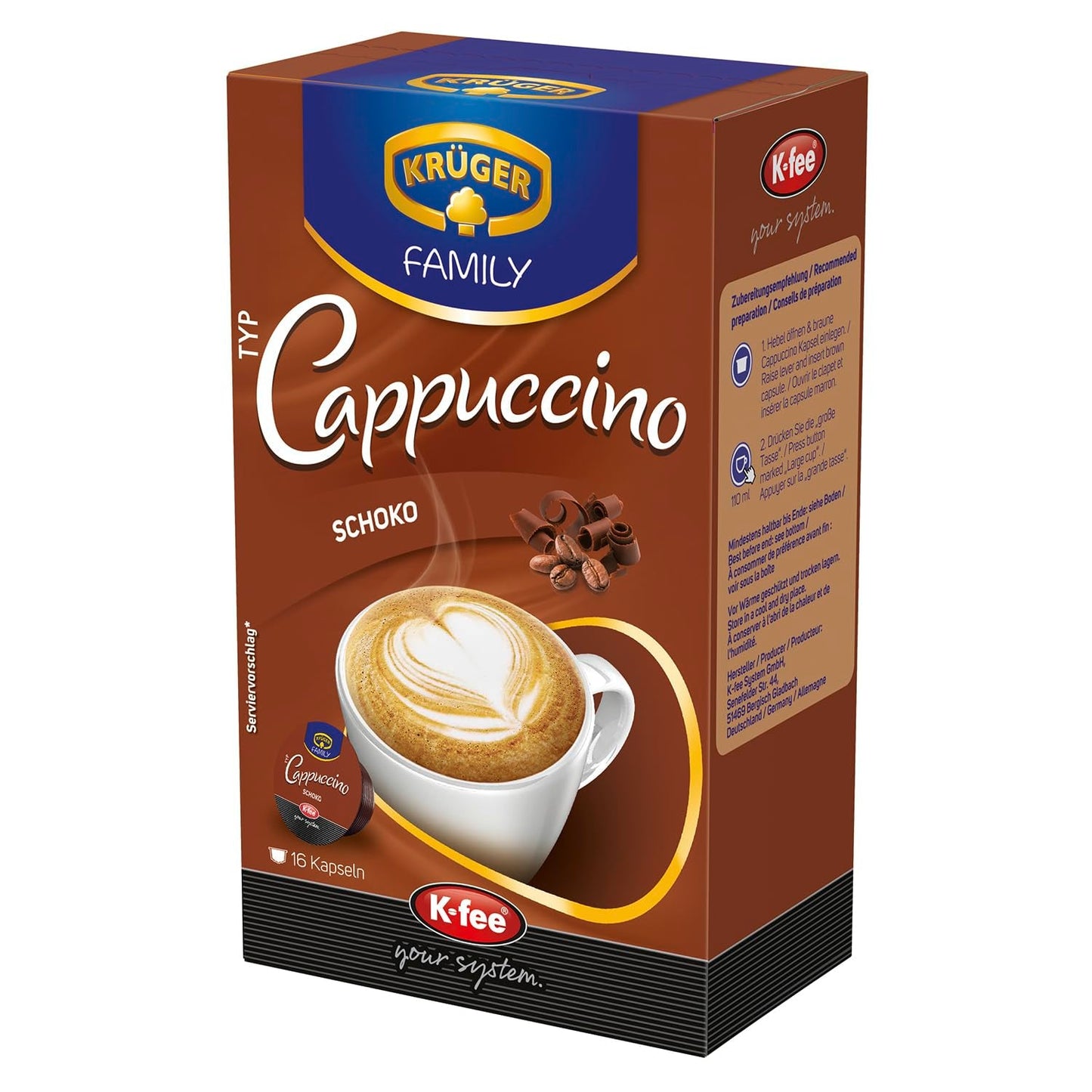 Kapsle KRÜGER Cappuccino Schoko Coffee, kompatibilní s K-fee a ALDI EXPRESSI* Kapselmaschinen, ochucená instantní káva, 96 kapslí