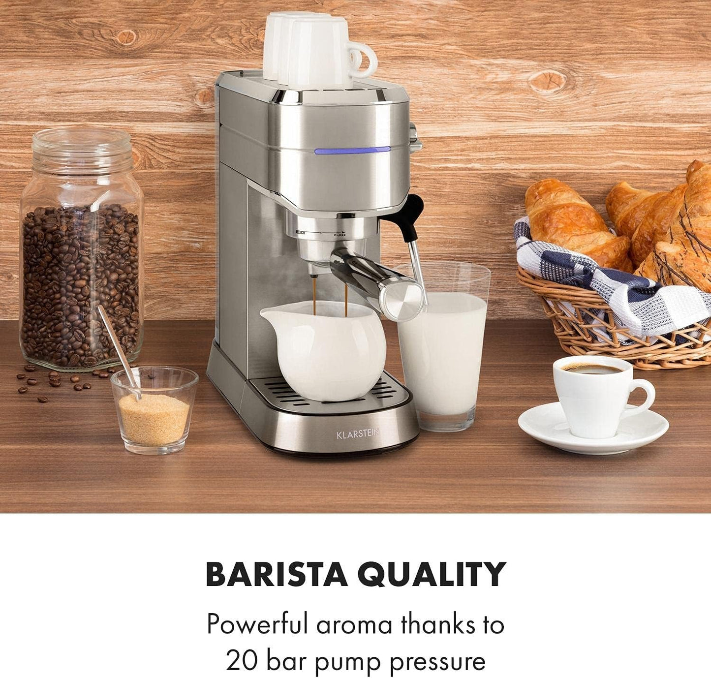Espresso kávovar Klarstein Futura, Přenosný kávovar na espresso s filtrem, 1450 W, 20 bar, kvalita Barista, dvojitá tryska, zastavení průtoku, přenosný kávovar na espresso s filtrem, funkce napěňovače mléka, stříbrná