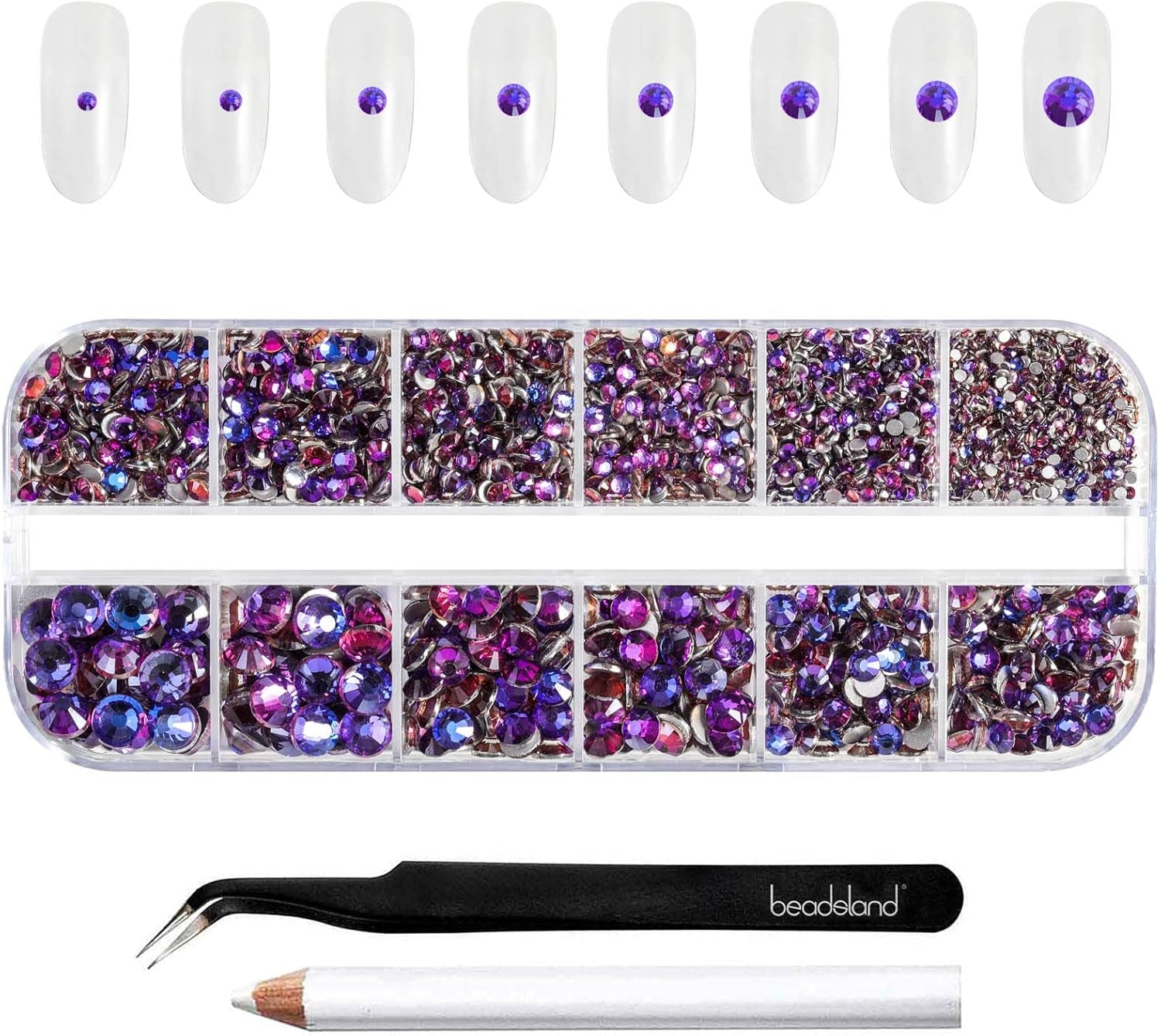 Beadsland 2500 ks Glas Nailart Strasssteine ​​​​Kristall Flatback Edelsteine ​​Runde, ​​Für Handwerk Gemischt 8 Größen SS4 ~ SS30 Mit Picking Pinzette Und Stift (Kristall Weiss)