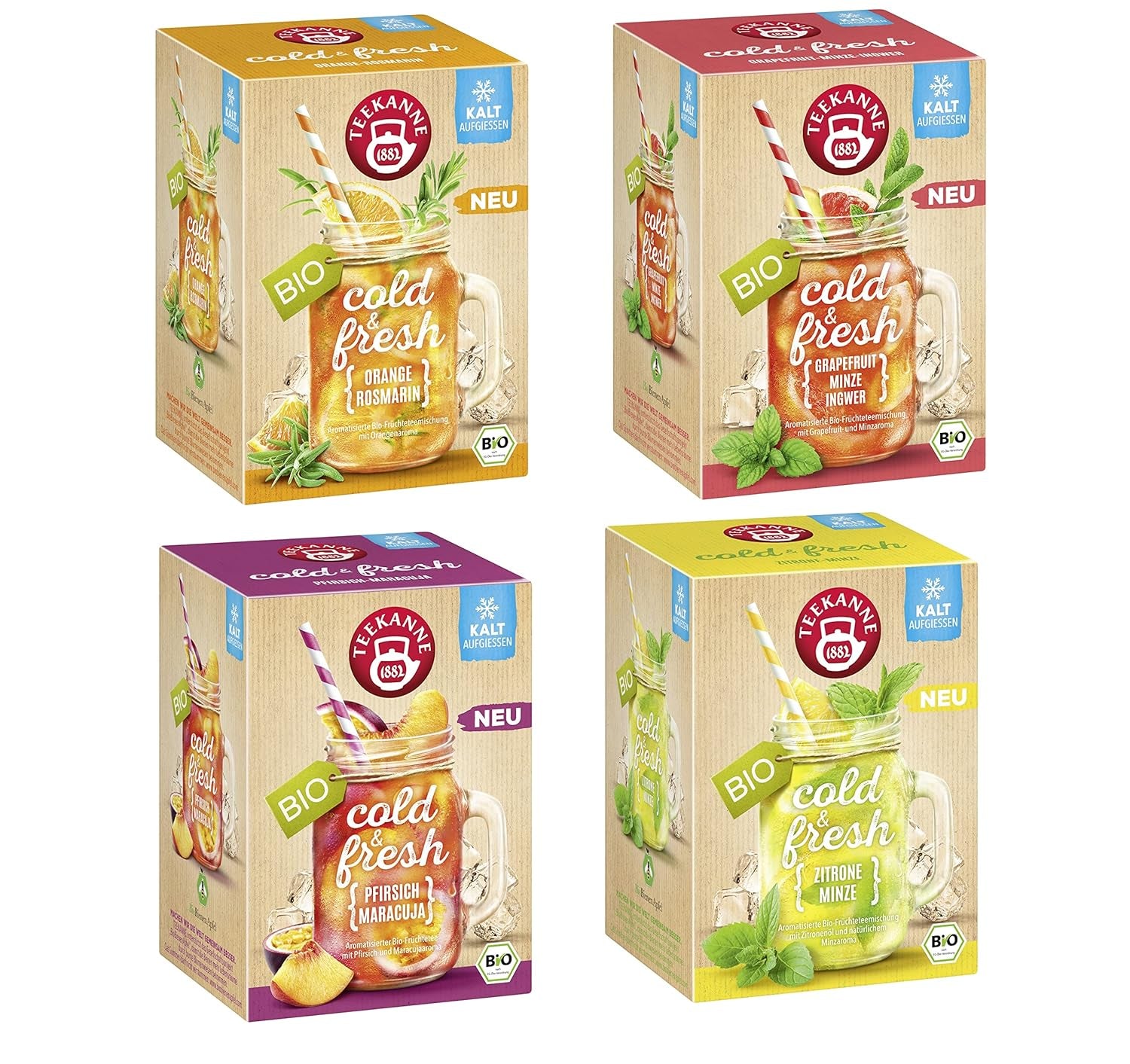 Teekanne Cold & Fresh BIO 4Er Mix - S novými odrůdami citron-máta, broskev-maracuja, pomeranč-rozmarýn, grapefruit-máta-zázvor (4 X 45G)
